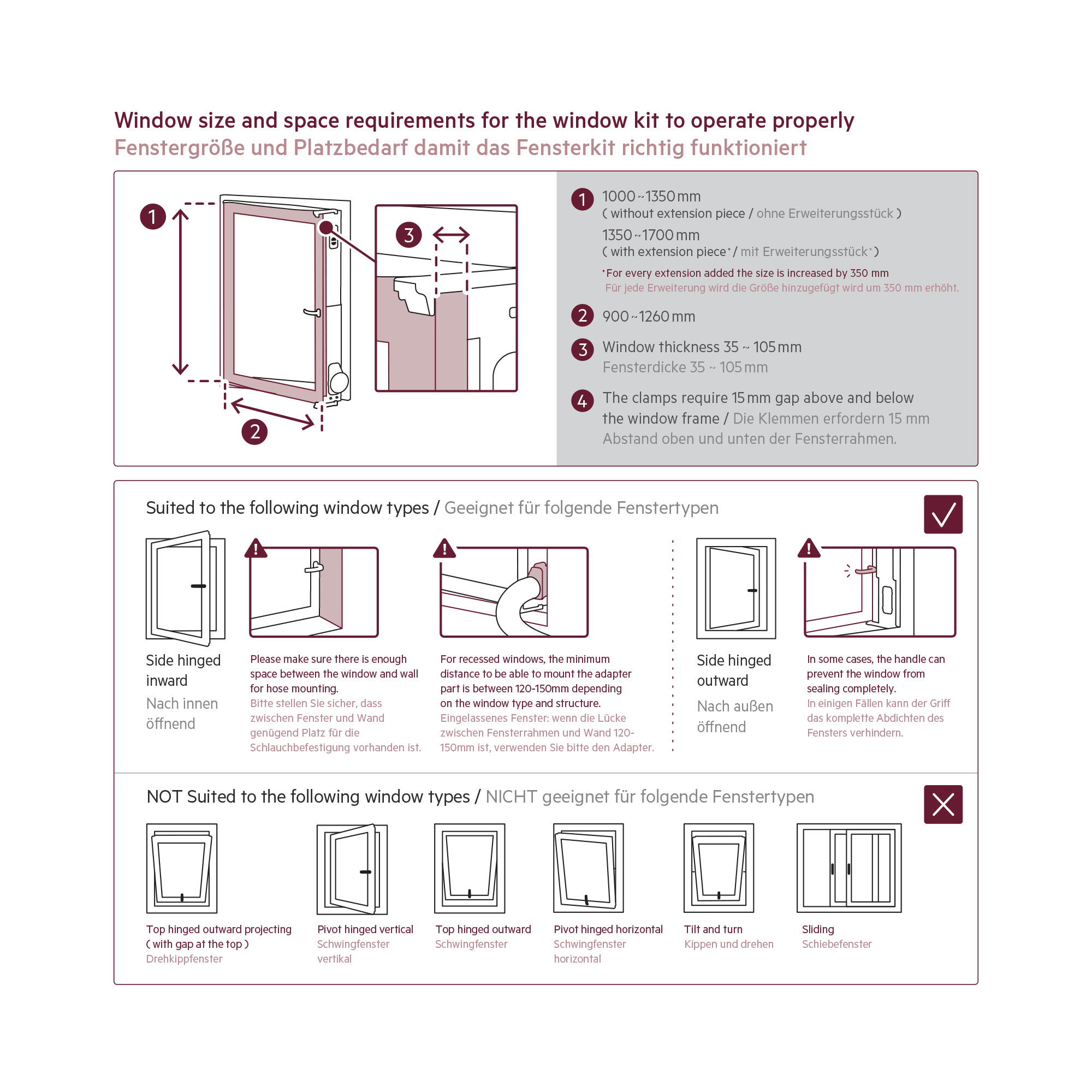 Diagrama con tamaño de ventana y requisitos de espacio. Texto e ilustraciones. Muestra tipos y medidas.