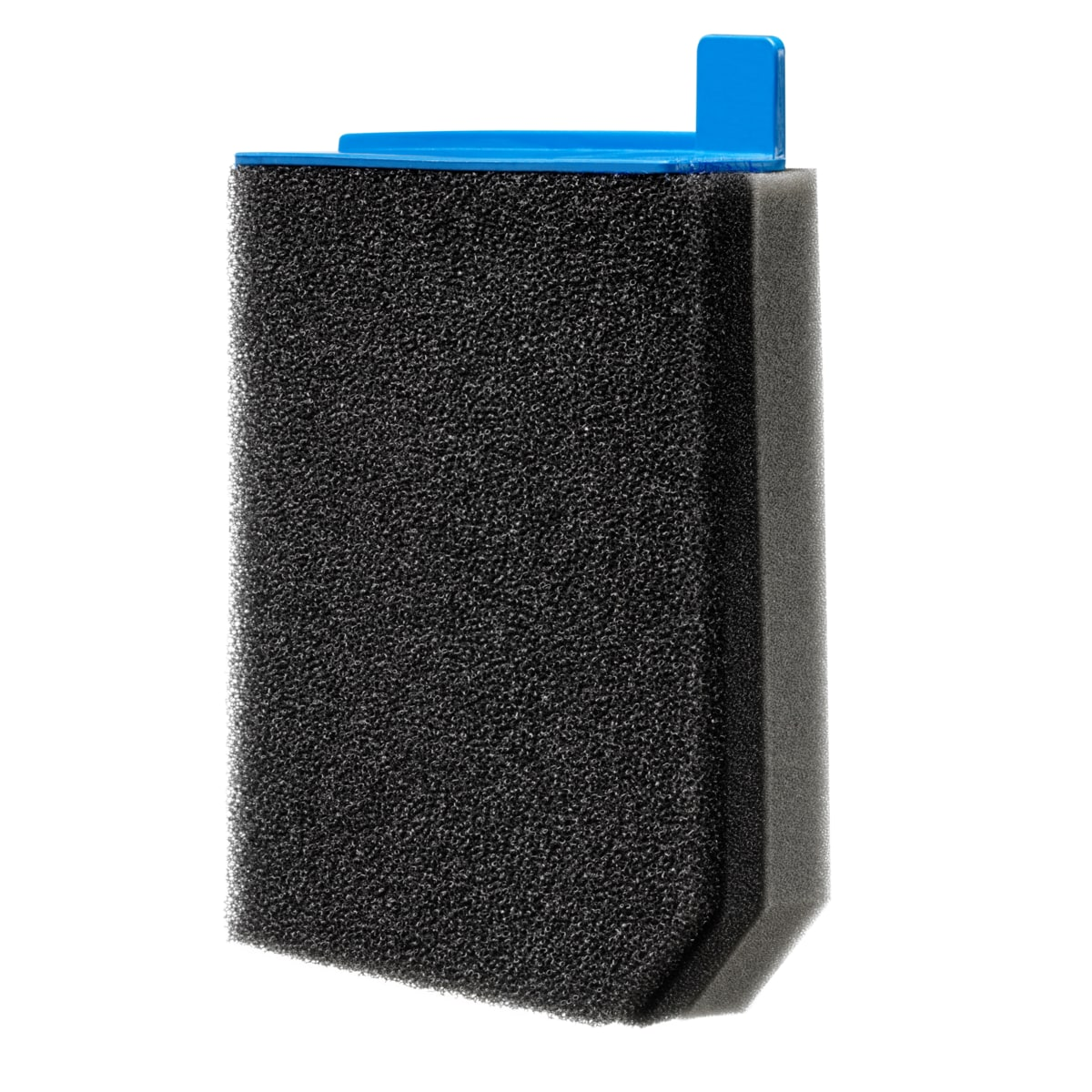 Una esponja rectangular de espuma negra con un mango azul.