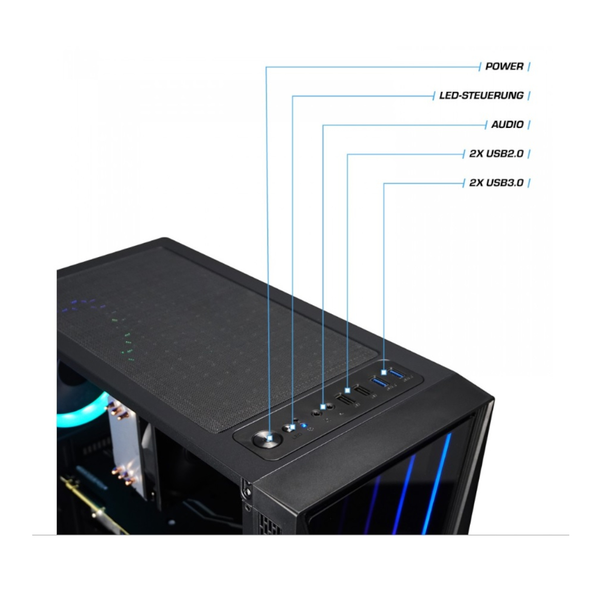 Una carcasa de computadora con puertos etiquetados en la parte superior, que muestra puertos de alimentación y USB.