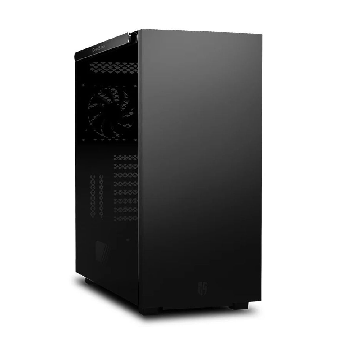 Una caja de ordenador negra se muestra en ángulo. El panel lateral es transparente y el logotipo de DeepCool es visible.
