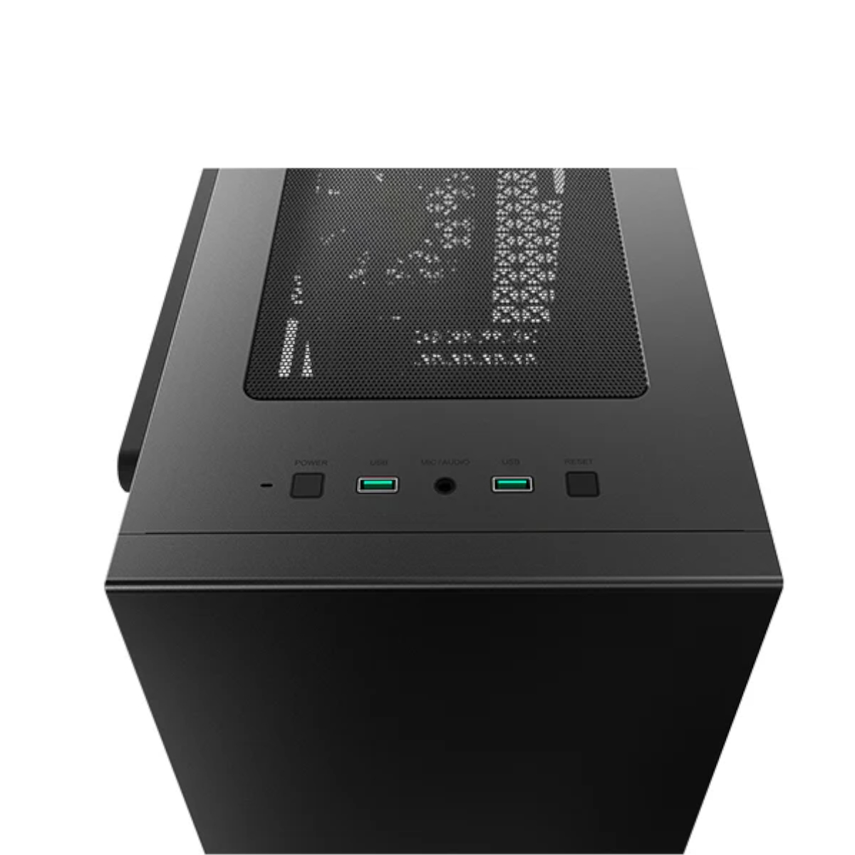 Caja de PC negra, vista superior. Incluye puertos USB, energía y audio. Diseño de malla en la parte superior.