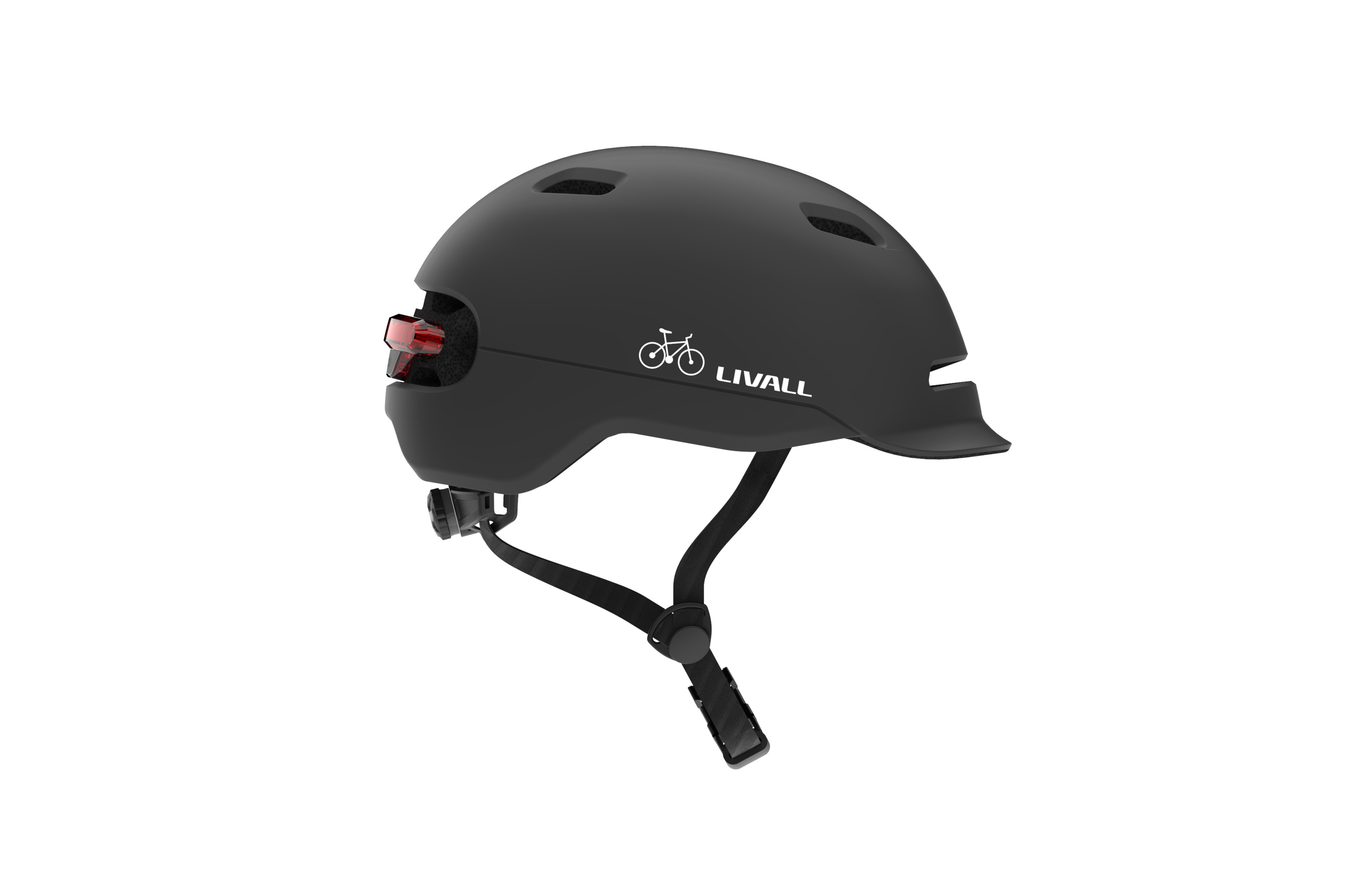 Casco da bicicletta LIVALL nero. Parte posteriore con luce rossa. Logo LIVALL e bici bianco laterale.