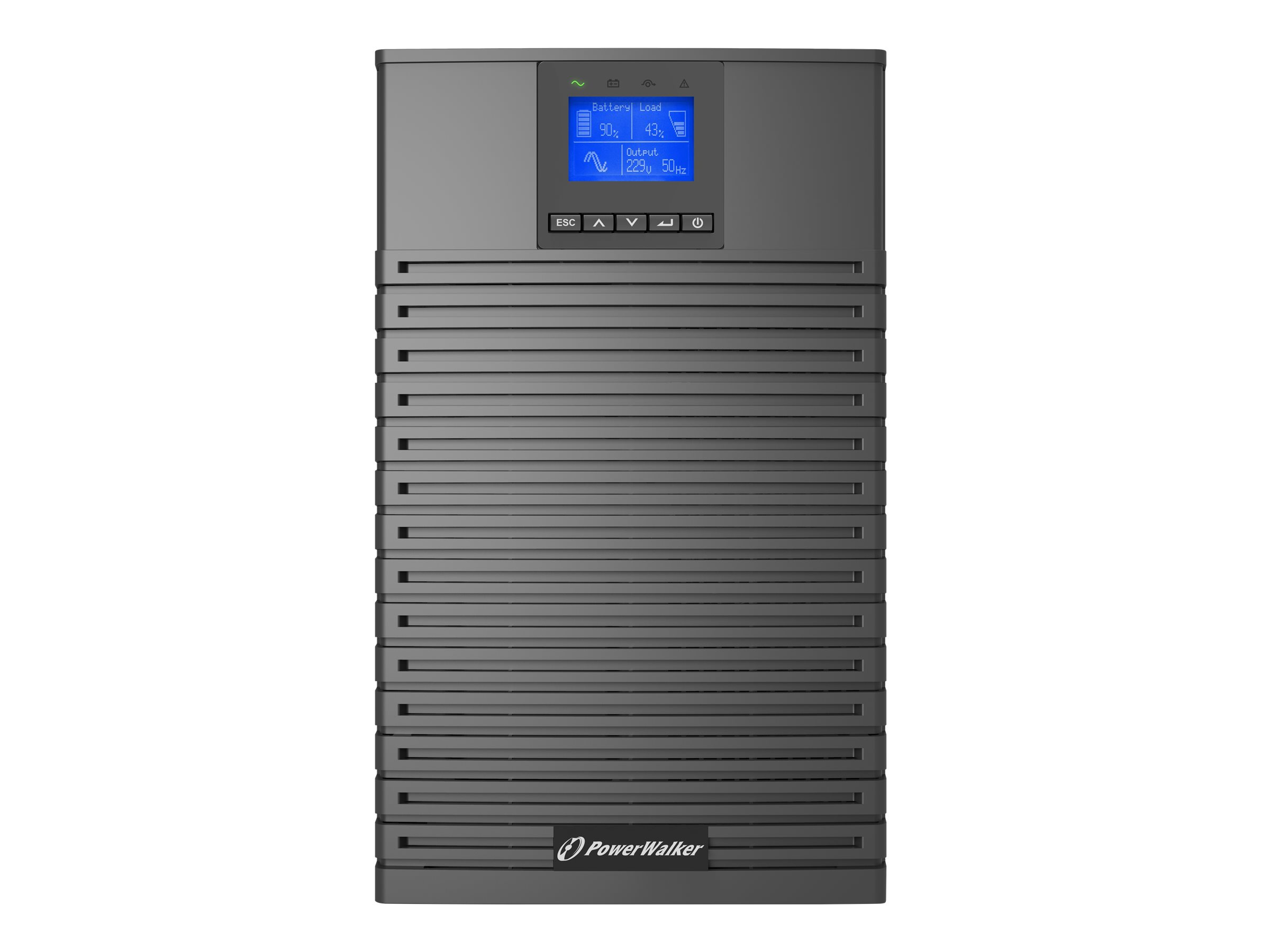 Schwarze PowerWalker USV, zeigt Informationen auf blauem Bildschirm.