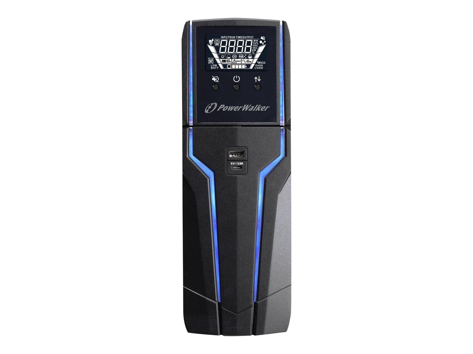 Schwarzes Netzteil mit Display und blauen Lichtern. Weißer Hintergrund.