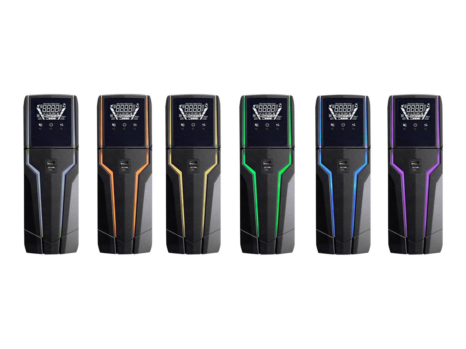Sechs Gaming-Geräte mit LED-Lichtern in verschiedenen Farben. Jedes hat einen Bildschirm, der Daten anzeigt.