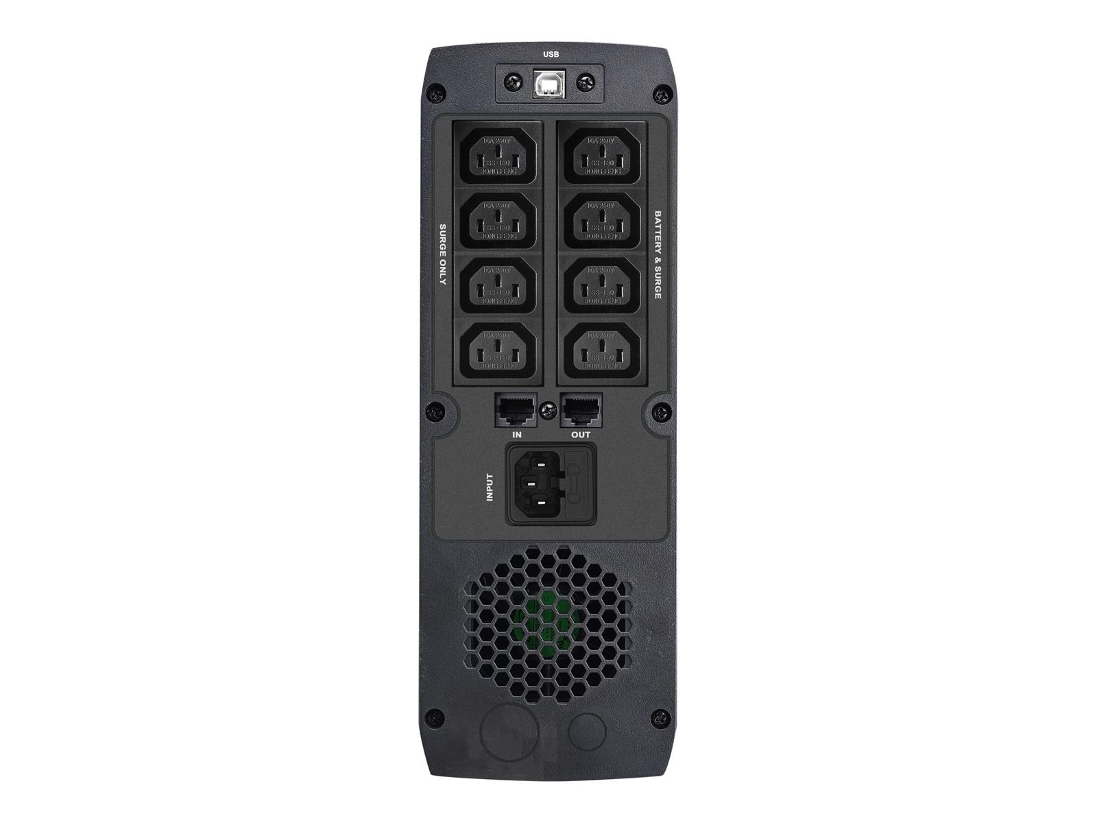 USV-Gerät auf weißem Hintergrund. Es hat mehrere Steckdosen und einen USB-Anschluss.