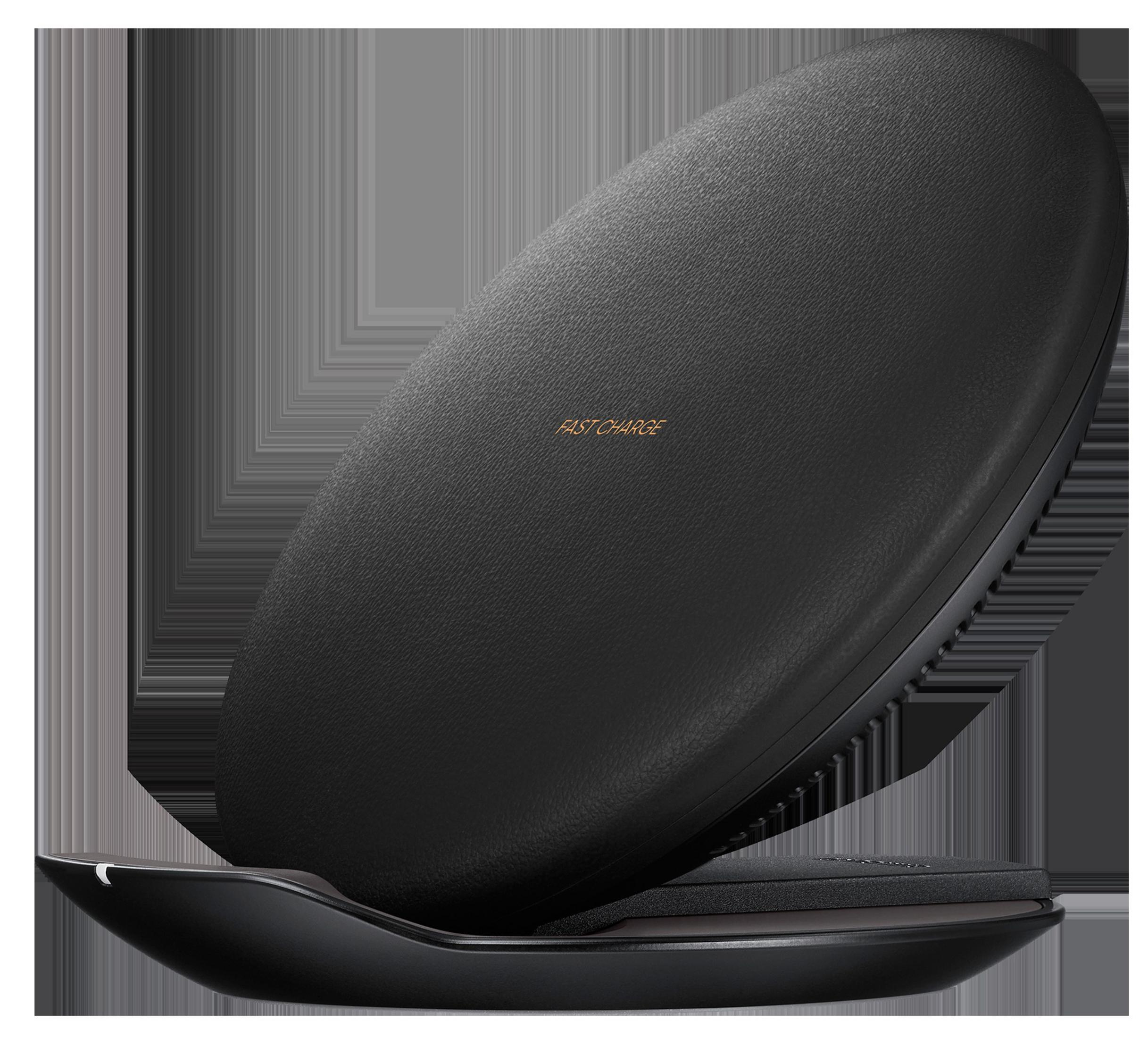 Cargador inalámbrico negro con la parte superior ligeramente inclinada. Texto dorado 'Fast Charge'.