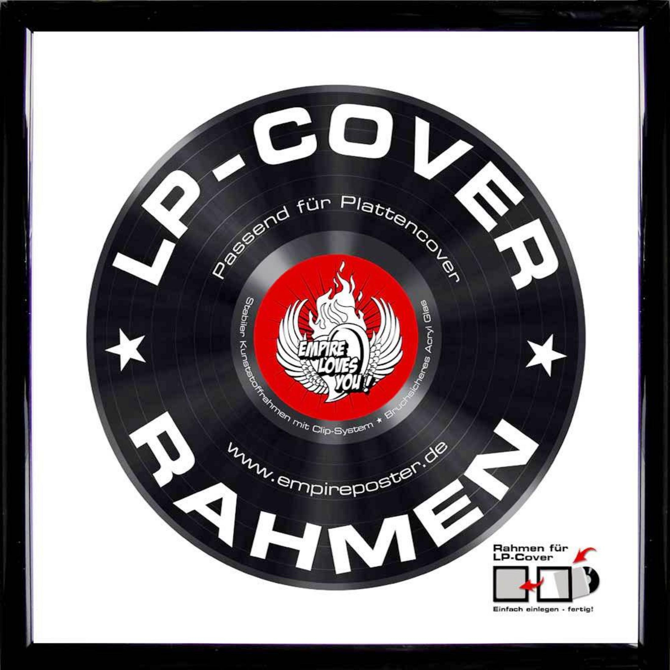 Gerahmtes LP-Cover mit schwarzem Hintergrund, weißem Text und zentraler Grafik.