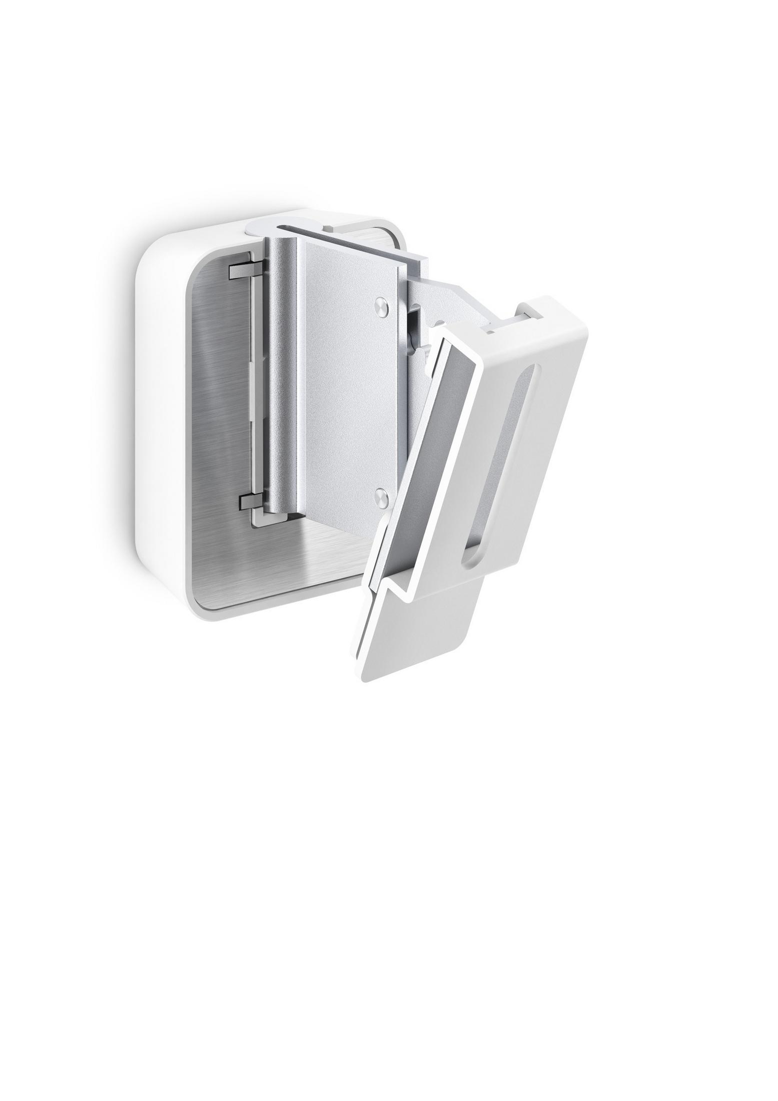 Un soporte de pared blanco con diseño articulado abierto, sobre fondo blanco.