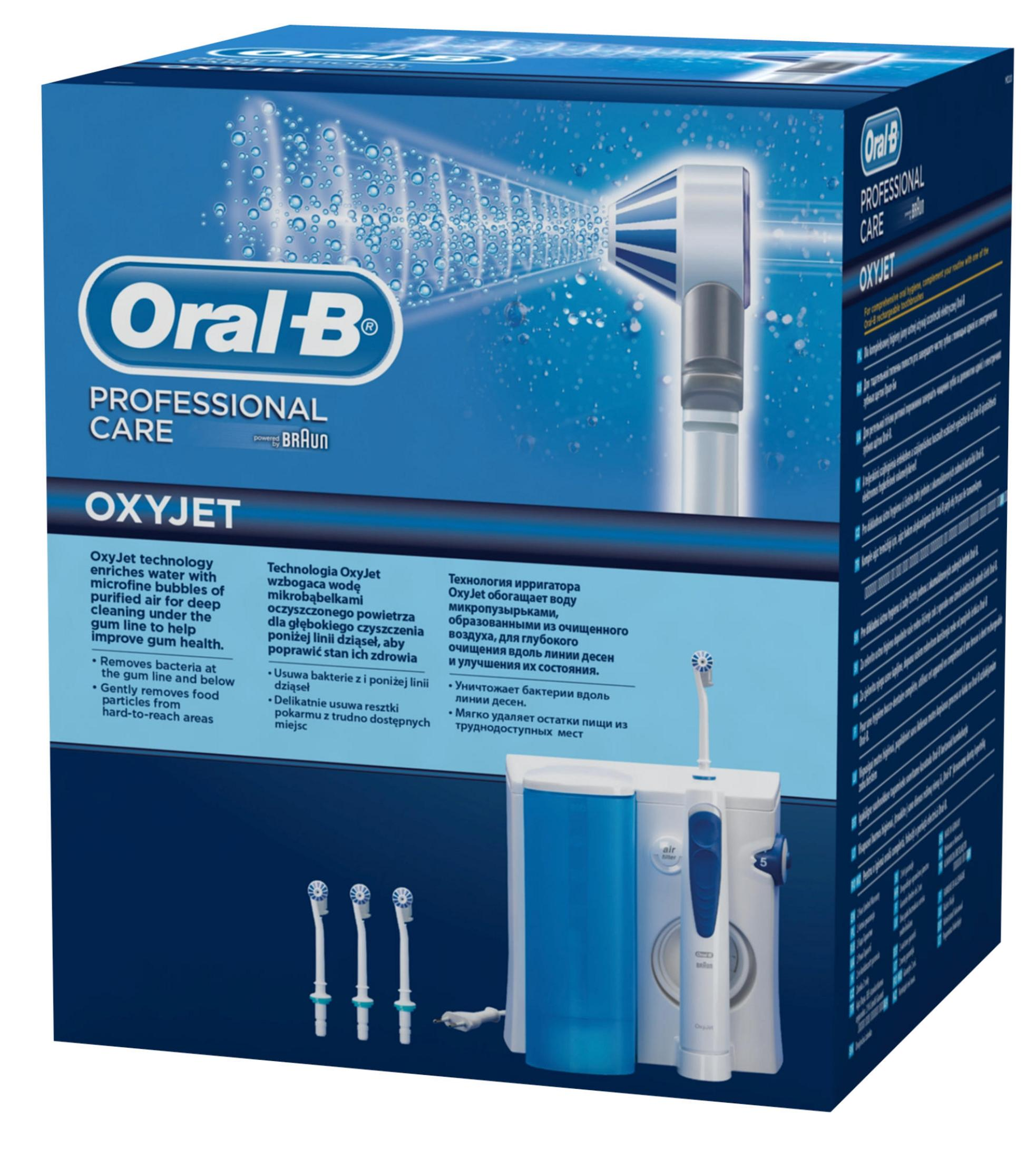 Scatola Oral-B Oxyjet. Mostra idropulsore e testine. Testo sulla tecnologia Oxyjet per la salute delle gengive.