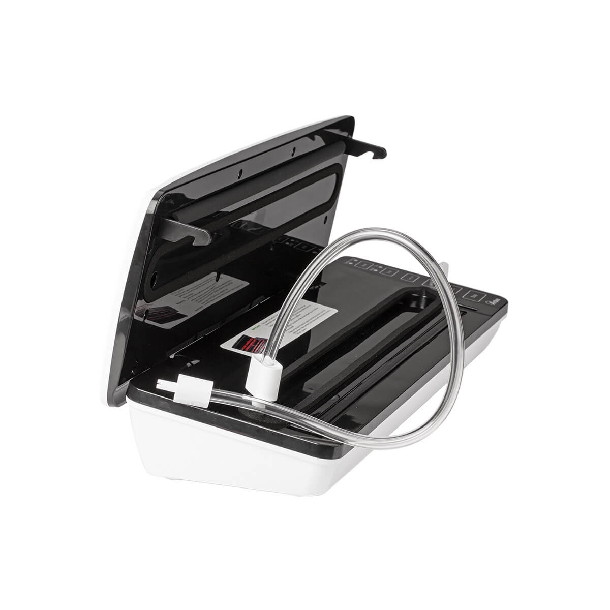 Sigillatrice sottovuoto, aperta, con tubo e design bianco e nero.
