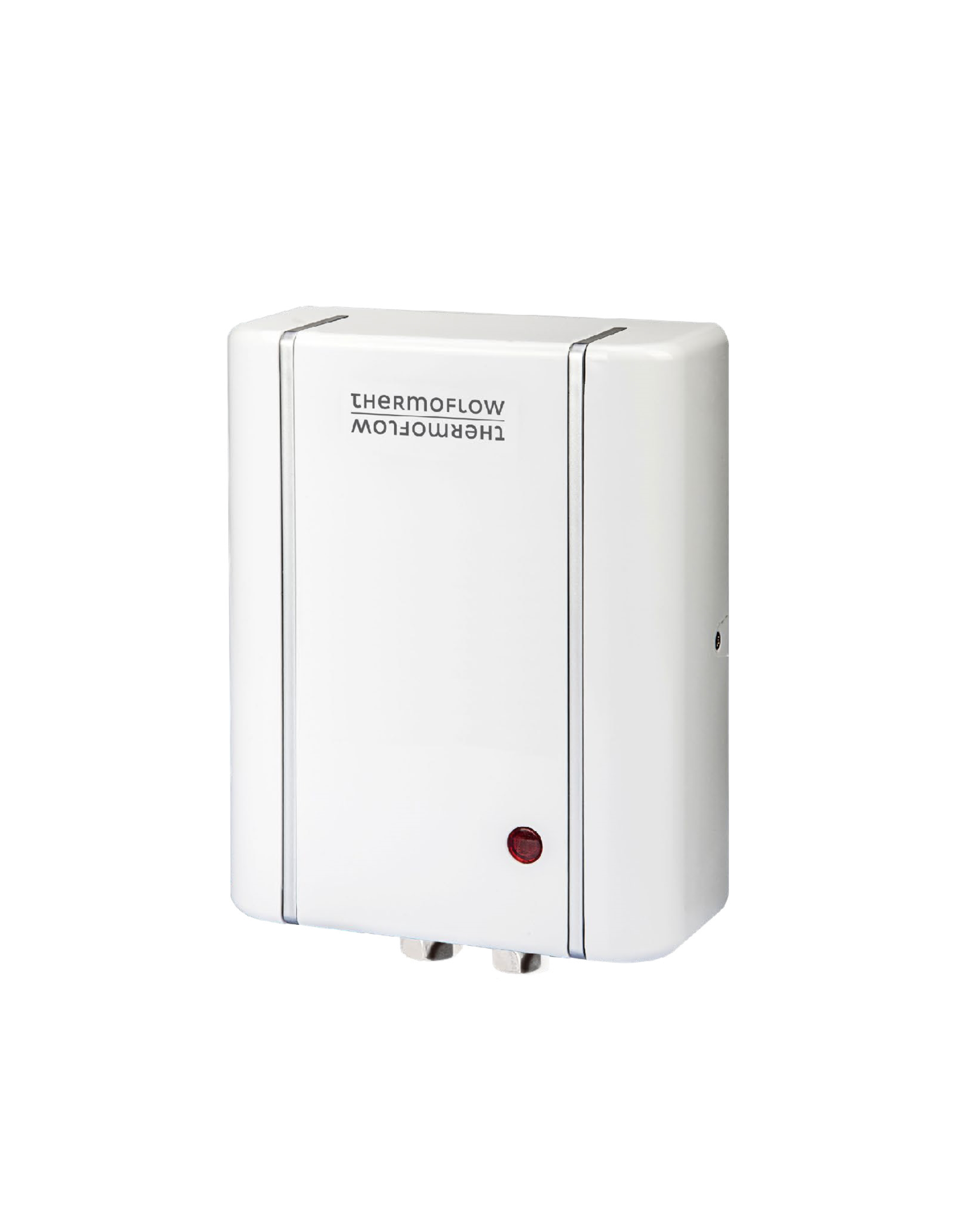 Ein weißer Warmwasserbereiter mit Thermoflow-Schriftzug und rotem Licht.
