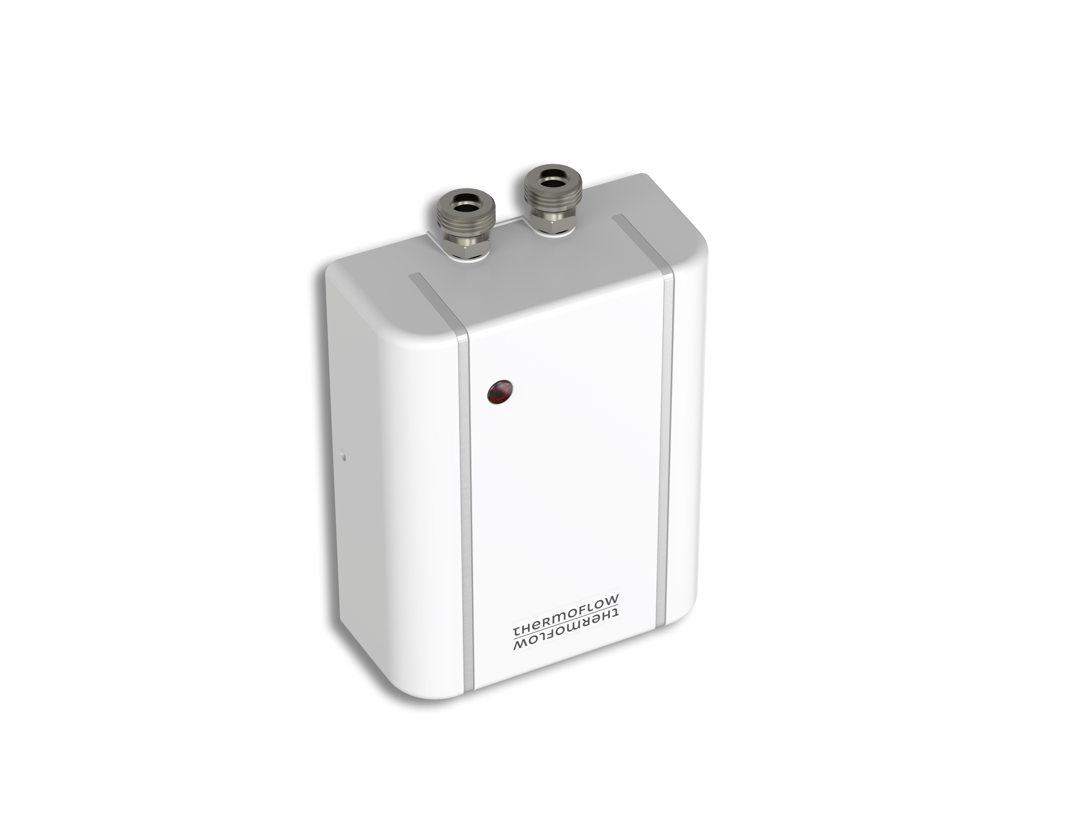 Weißes rechteckiges Thermoflow-Gerät mit zwei silbernen Rohren oben und rotem Licht. Schwarzer Hintergrund.