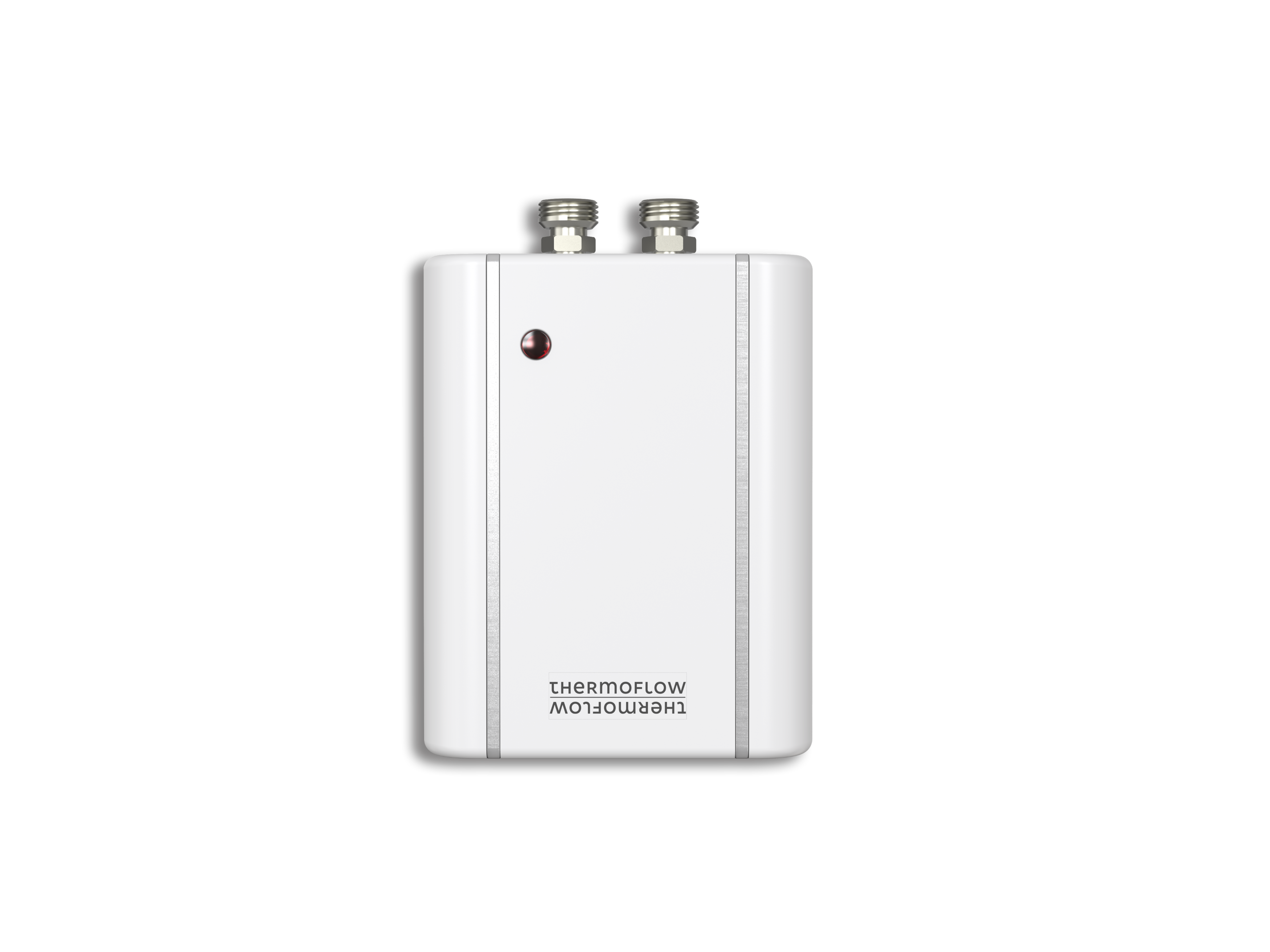 Weißer Thermoflow-Warmwasserbereiter. Hat zwei silberne Rohre oben und ein rotes Licht.
