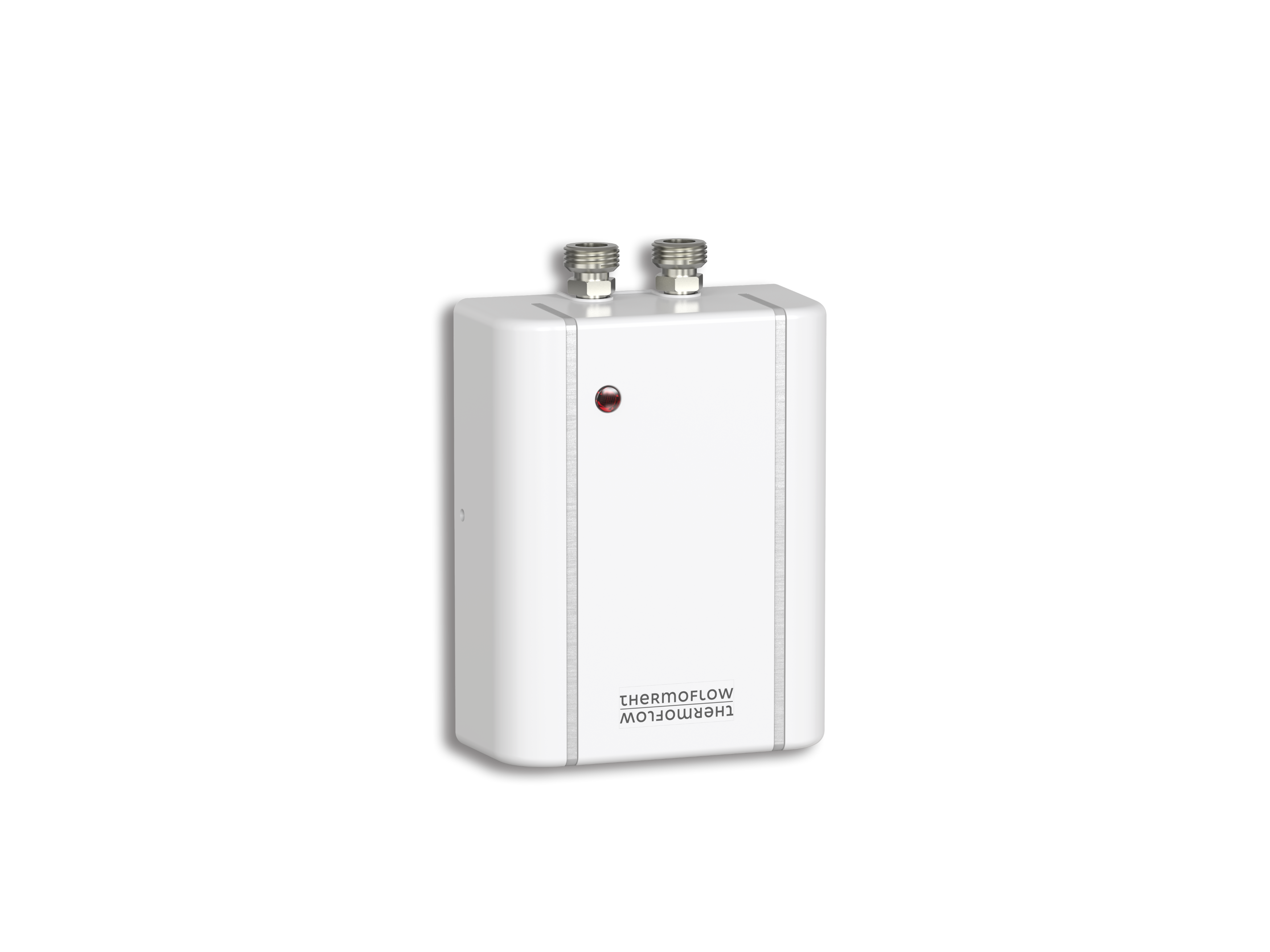 Weißer Warmwasserbereiter mit zwei silbernen Rohren oben und einem roten Licht vorne.