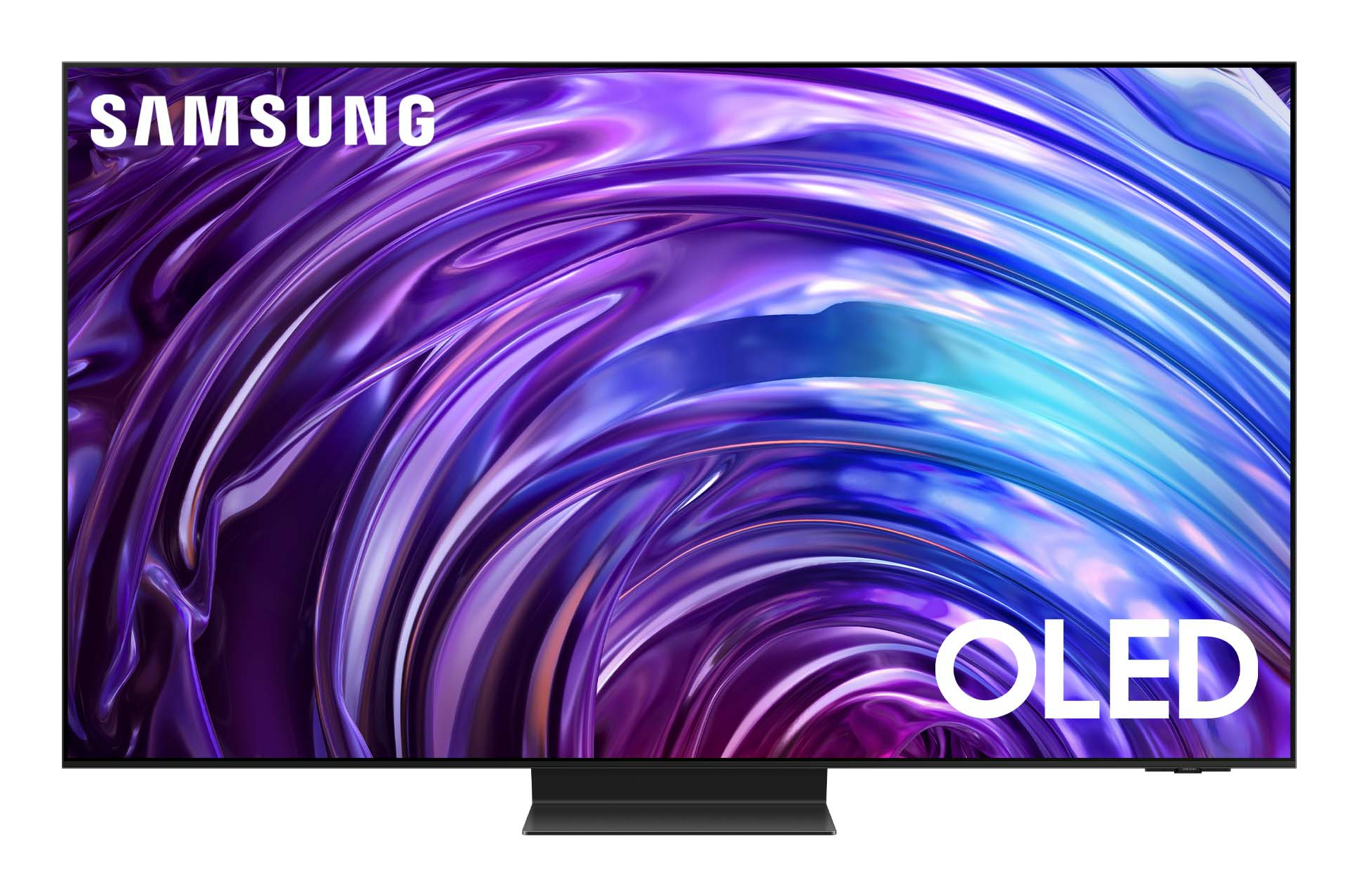 Telewizor Samsung OLED pokazujący kolorowy, wirujący, abstrakcyjny wzór na ekranie.