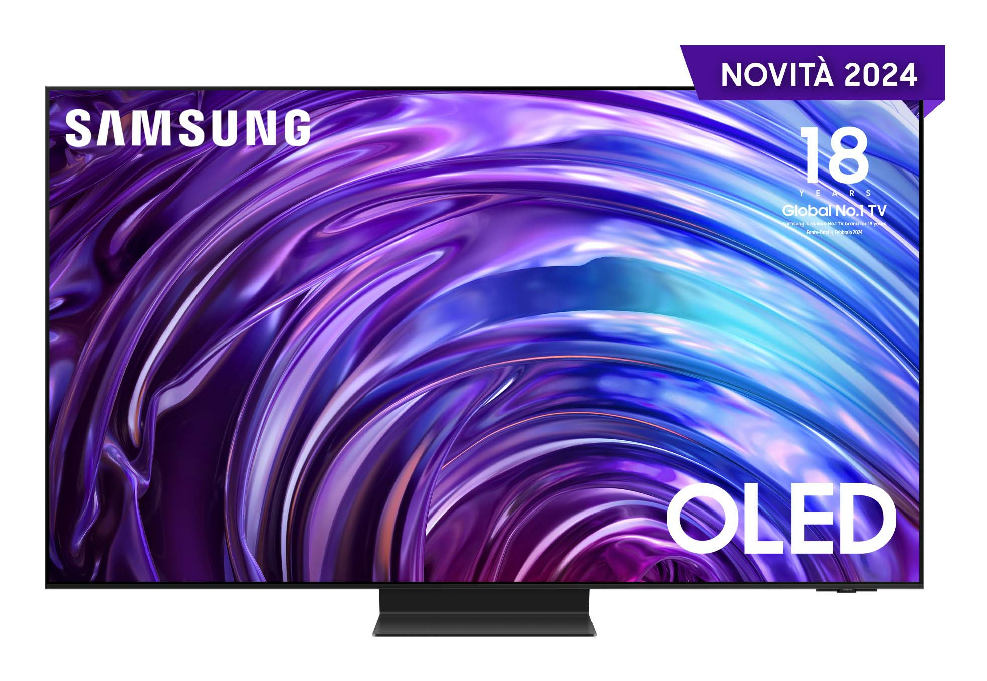 Telewizor OLED Samsung. Czarna ramka, fioletowo-niebieskie abstrakcyjne tło.