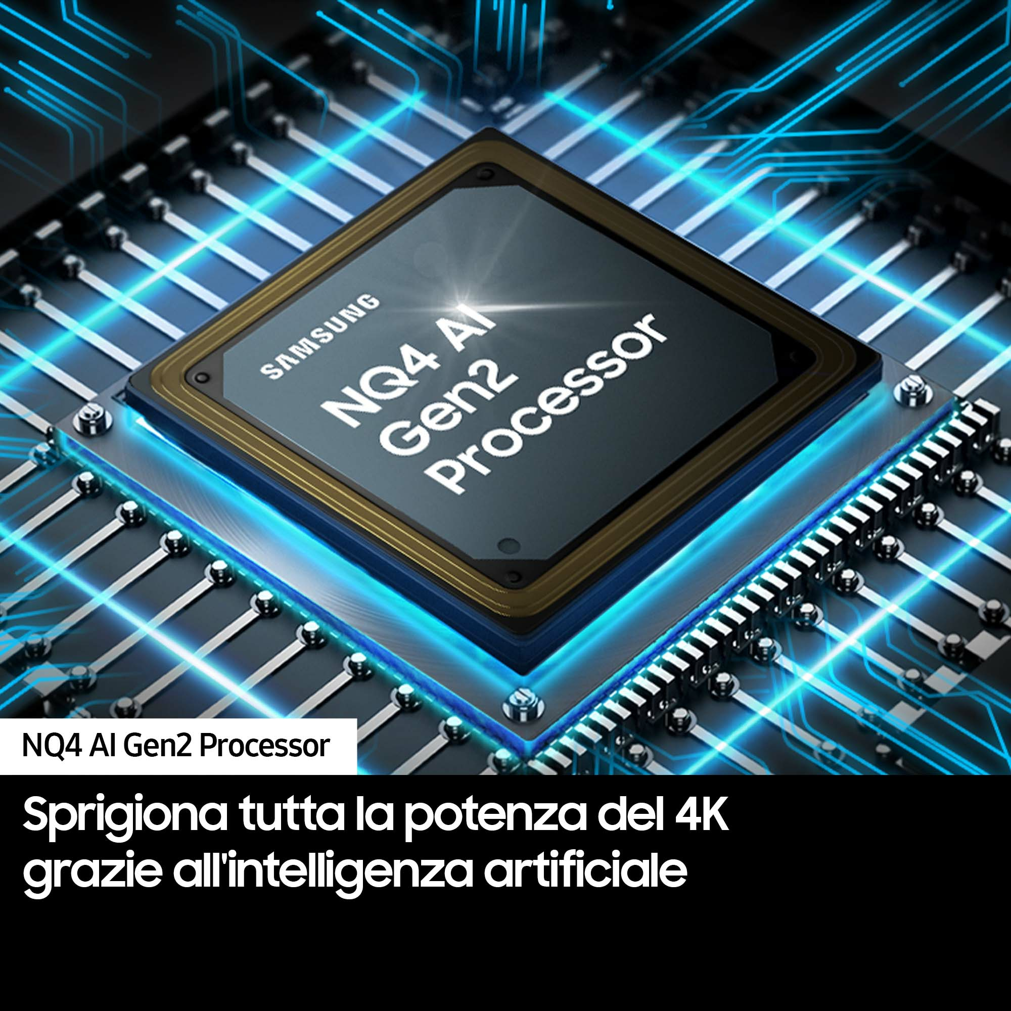 Zbliżenie procesora z tekstem NQ4 AI Gen2 Processor. Kolory niebieski i czarny.