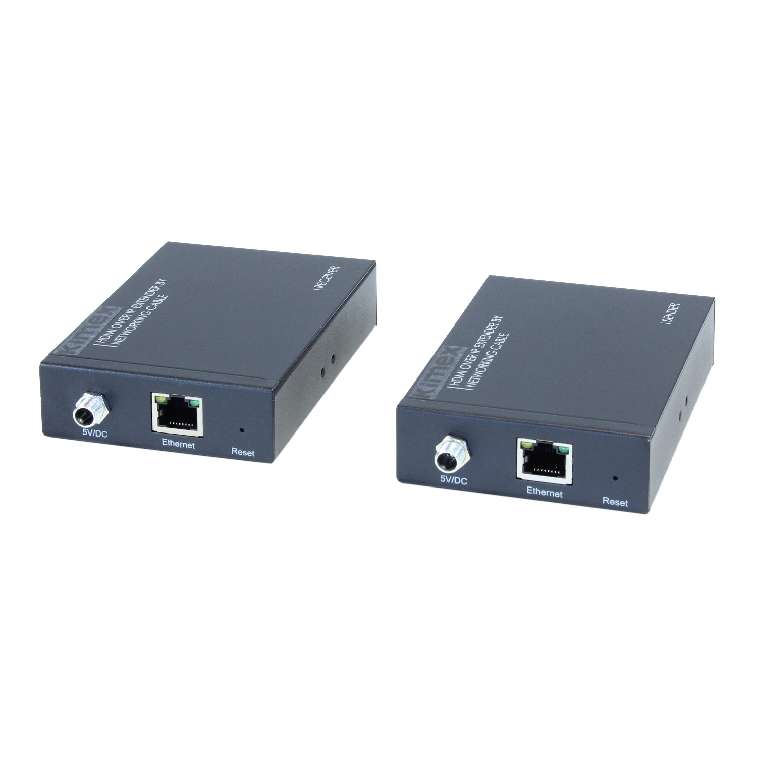 Due extender HDMI su Ethernet neri con porte, isolati su bianco.