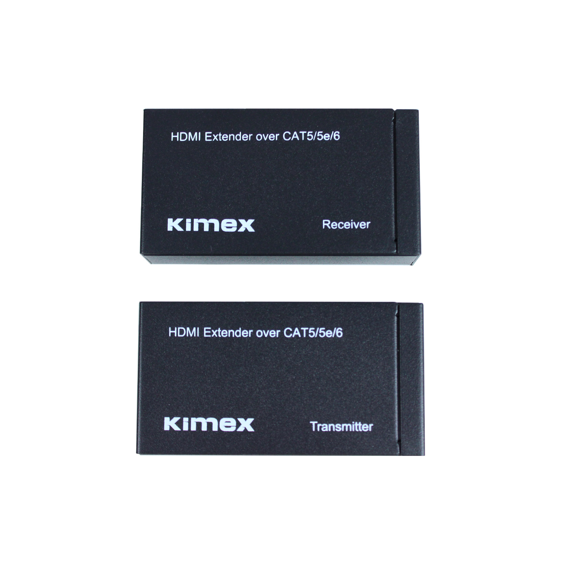 Due extender HDMI neri etichettati 'KIMEX', un ricevitore e un trasmettitore.