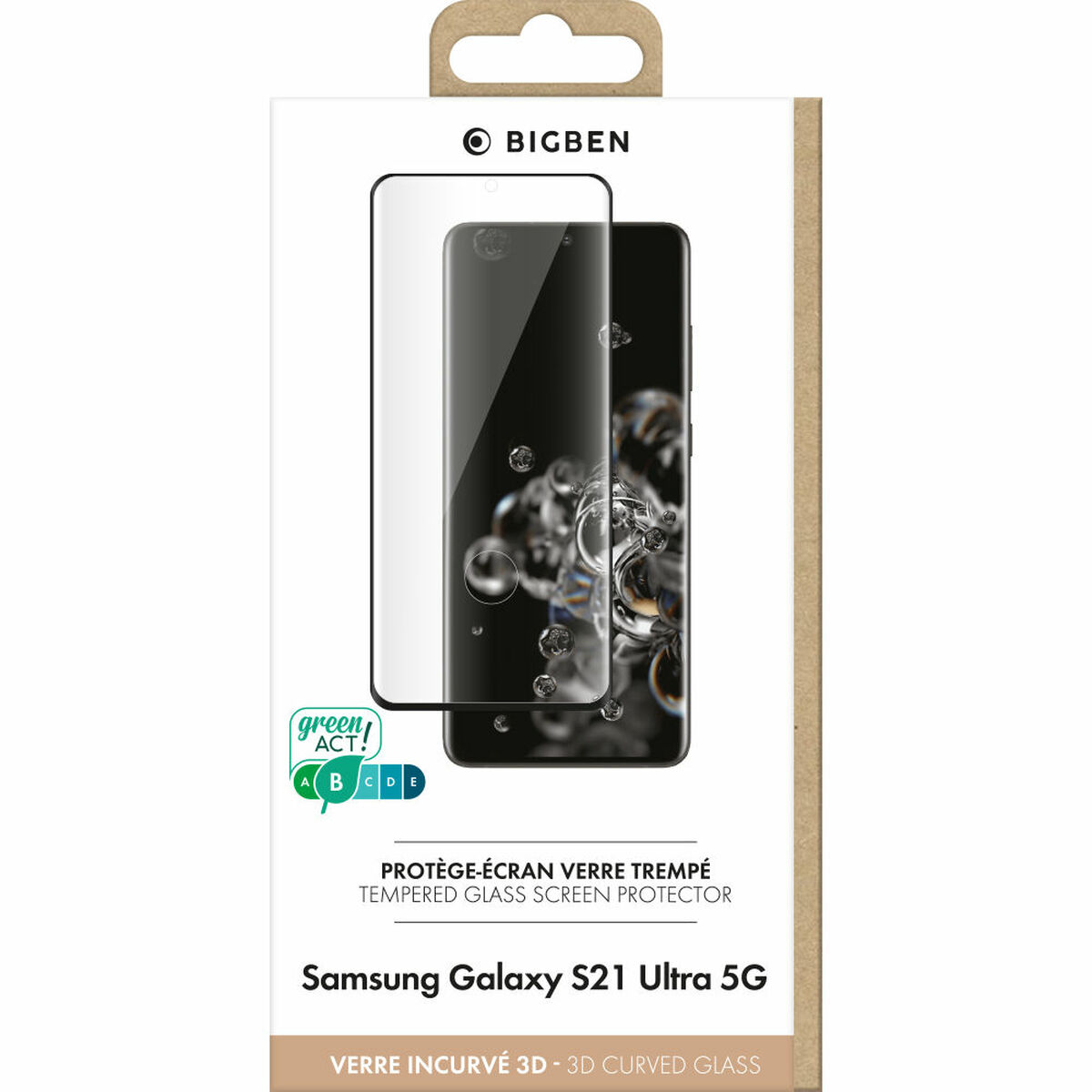 Boîte avec un protecteur d'écran de téléphone. Il est écrit 'Tempered Glass Screen Protector' pour Samsung Galaxy S21 Ultra 5G.