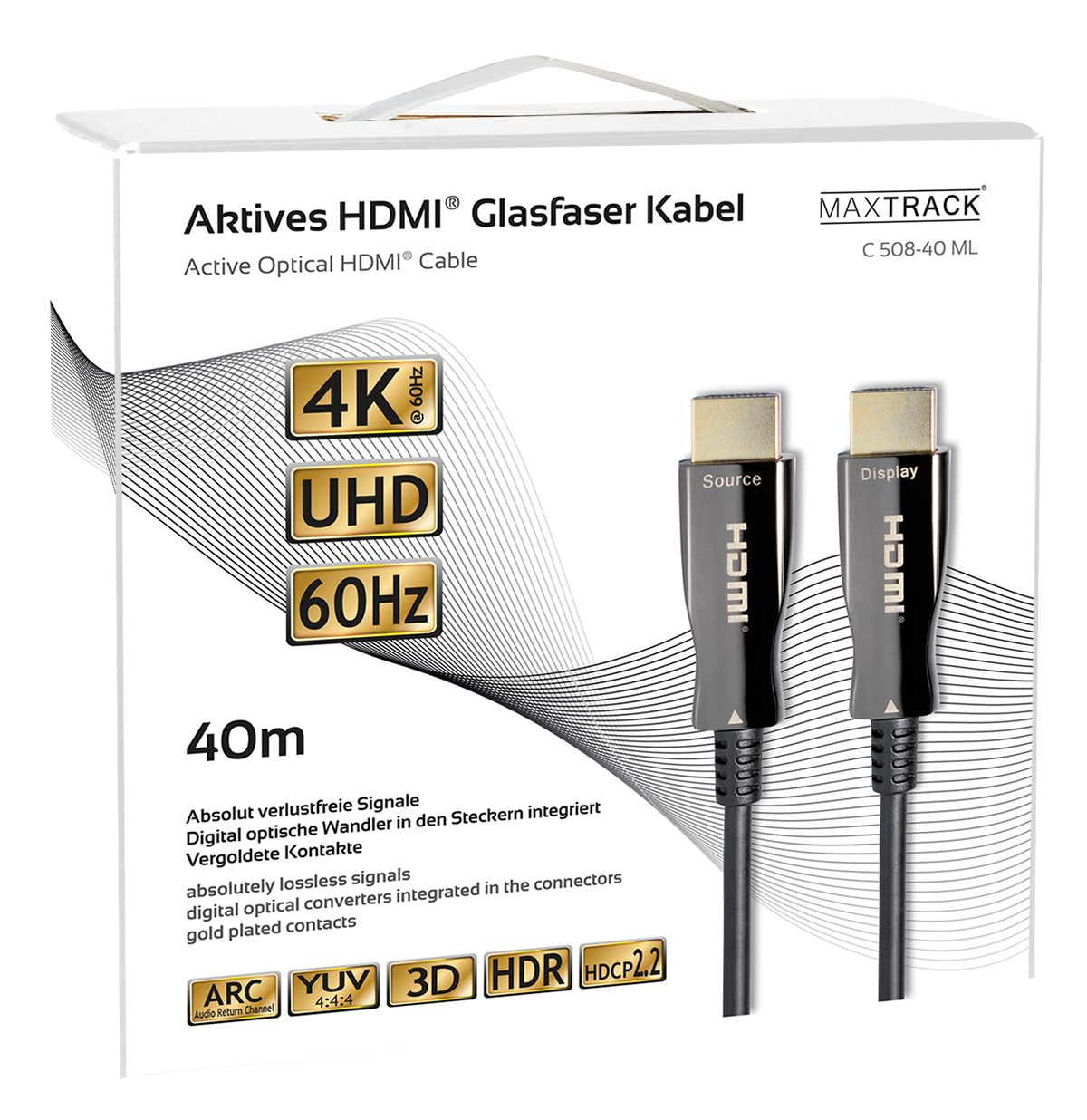 Weiße Box mit HDMI-Kabel. Text zeigt 4K, UHD und 60Hz-Fähigkeiten.
