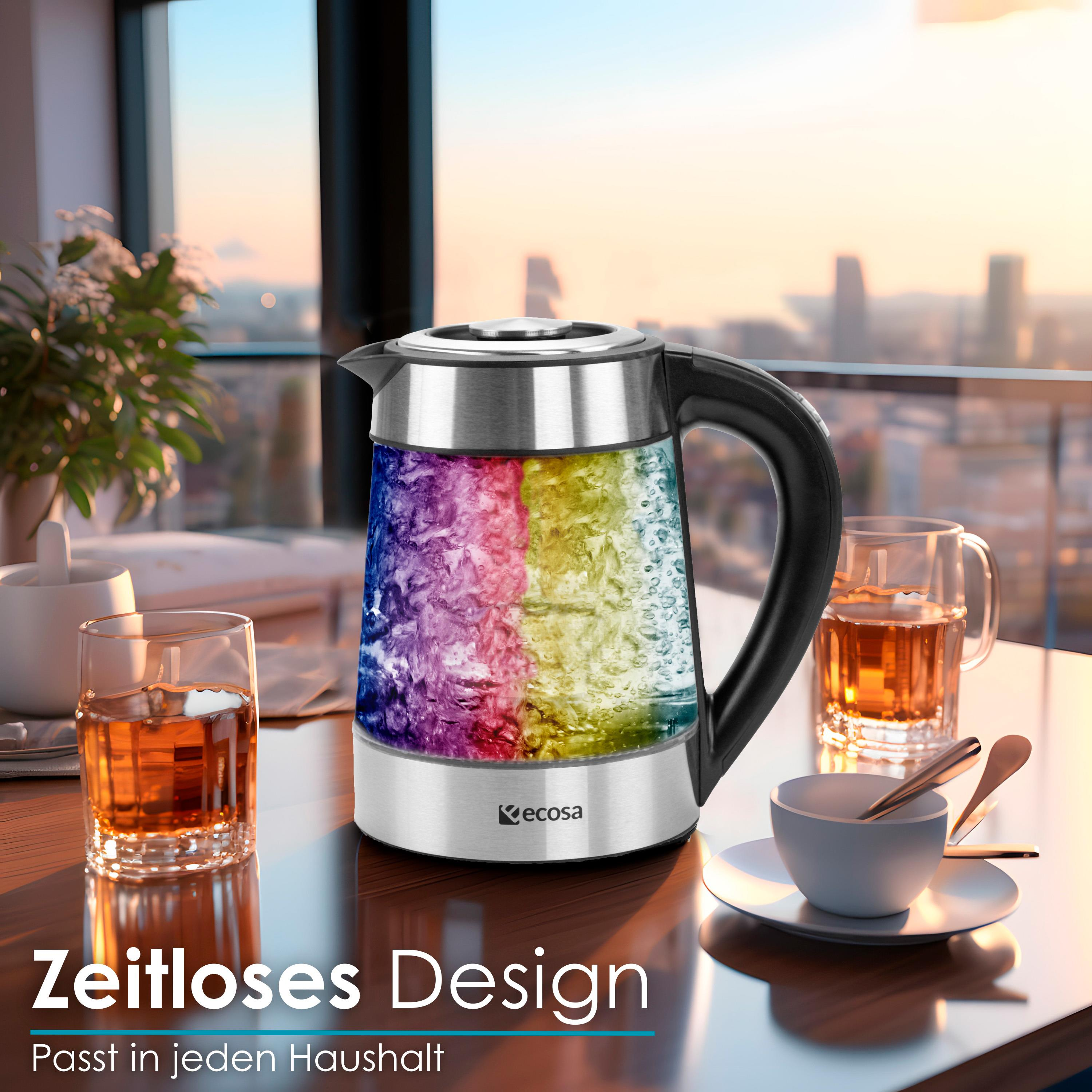 Elektrischer Wasserkocher mit Regenbogenwasser im Inneren, auf einem Holztisch mit Gläsern und Text.