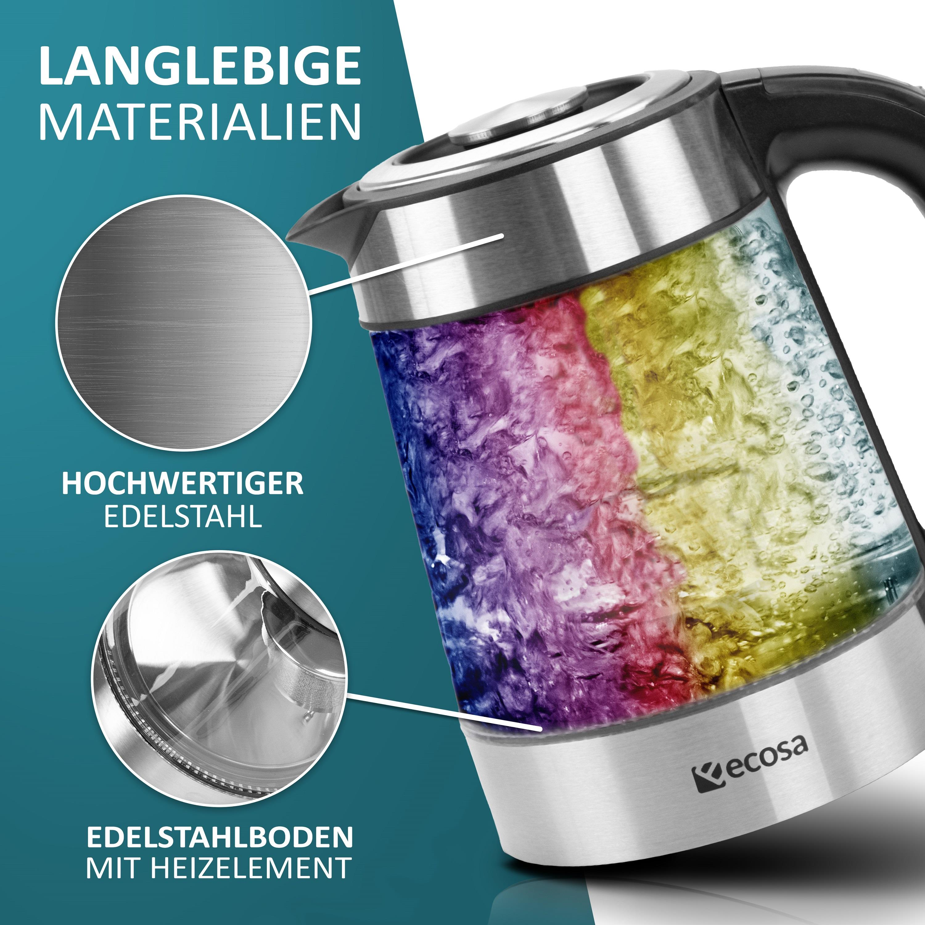Elektrischer Wasserkocher aus Edelstahl mit farbigem Wasser. Details von Material und Heizelement werden gezeigt.