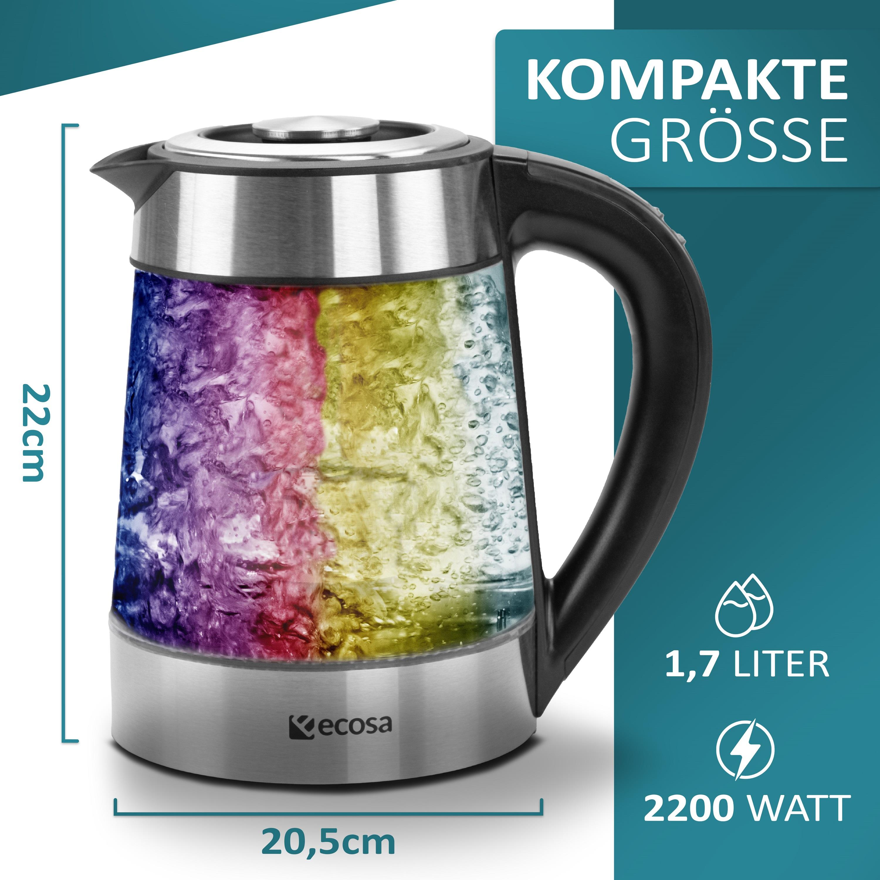 Ein elektrischer Glaskessel mit farbigem Licht im Inneren, mit Abmessungen und Kapazitätsangaben.