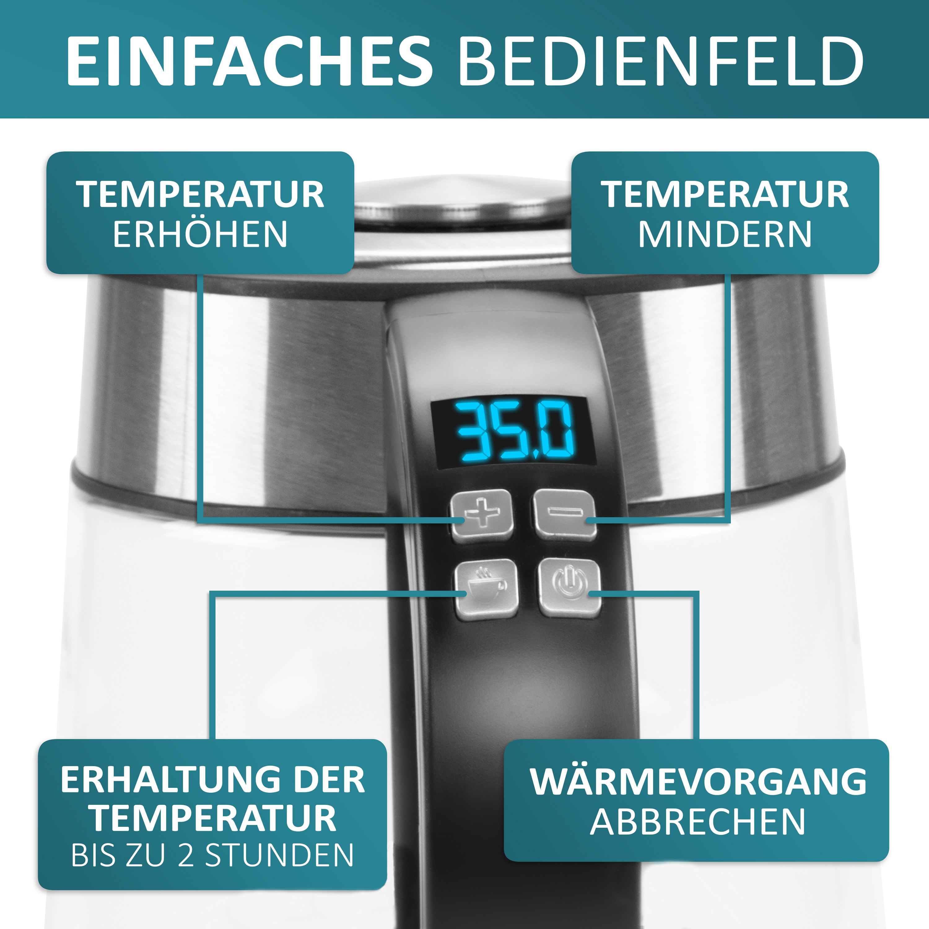 Nahaufnahme eines intelligenten Wasserkocher-Bedienfelds mit Temperatureinstellungen und Digitalanzeige.