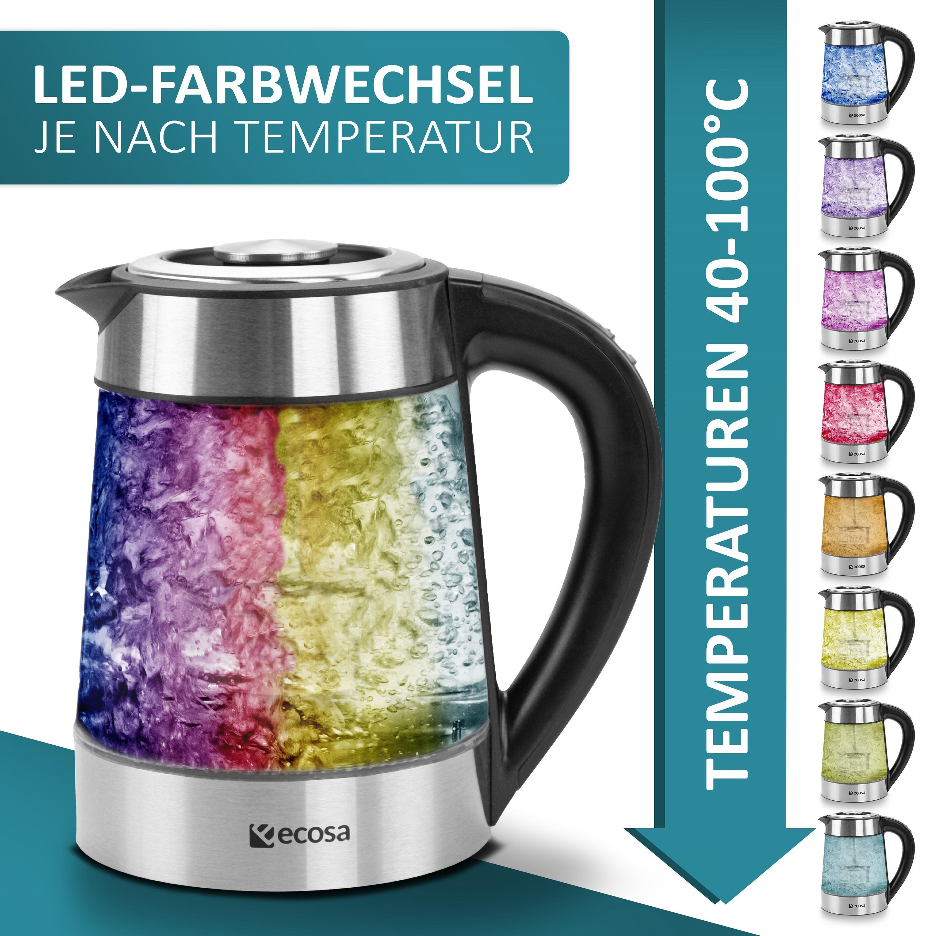Ein elektrischer Glaskessel mit farbwechselndem Wasser. Er hat einen silbernen Sockel und einen schwarzen Griff. Weißer Hintergrund.