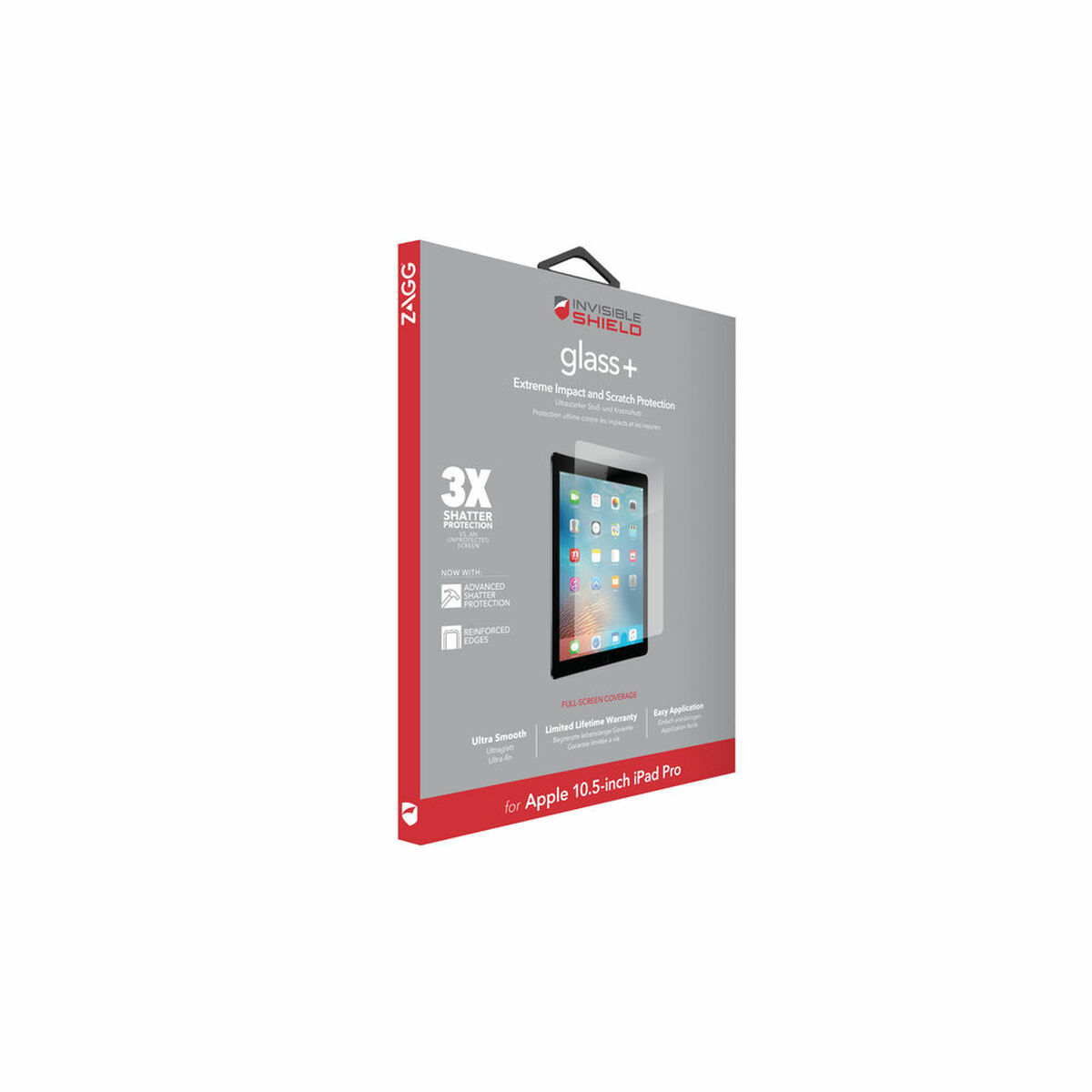 Verpakking voor InvisibleShield glazen schermbeschermer. Toont productkenmerken en het iPad Pro-logo.