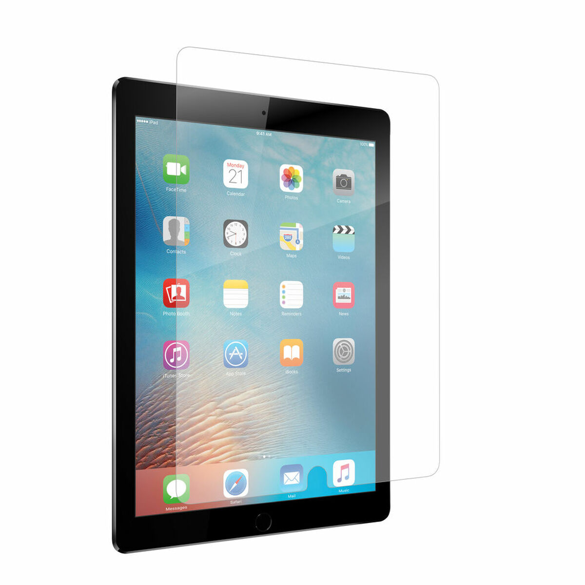Zwarte iPad met schermbeschermer. Toont apps en iconen. Witte achtergrond.