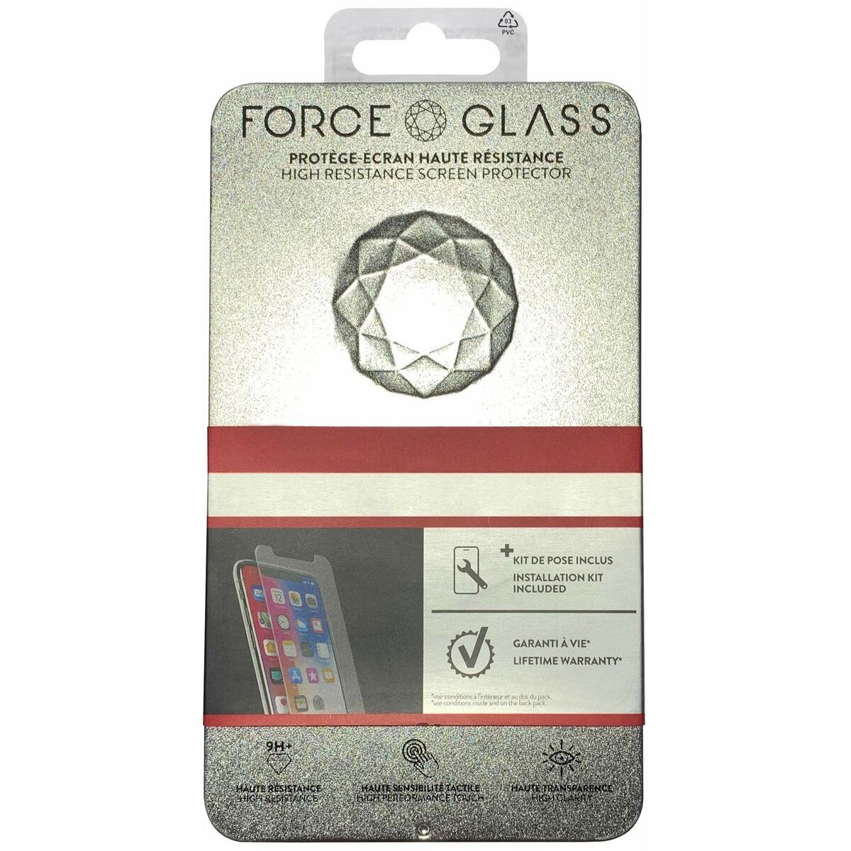 Confezione di protezione schermo Force Glass. Una scatola argentata con un grafico a diamante e info.