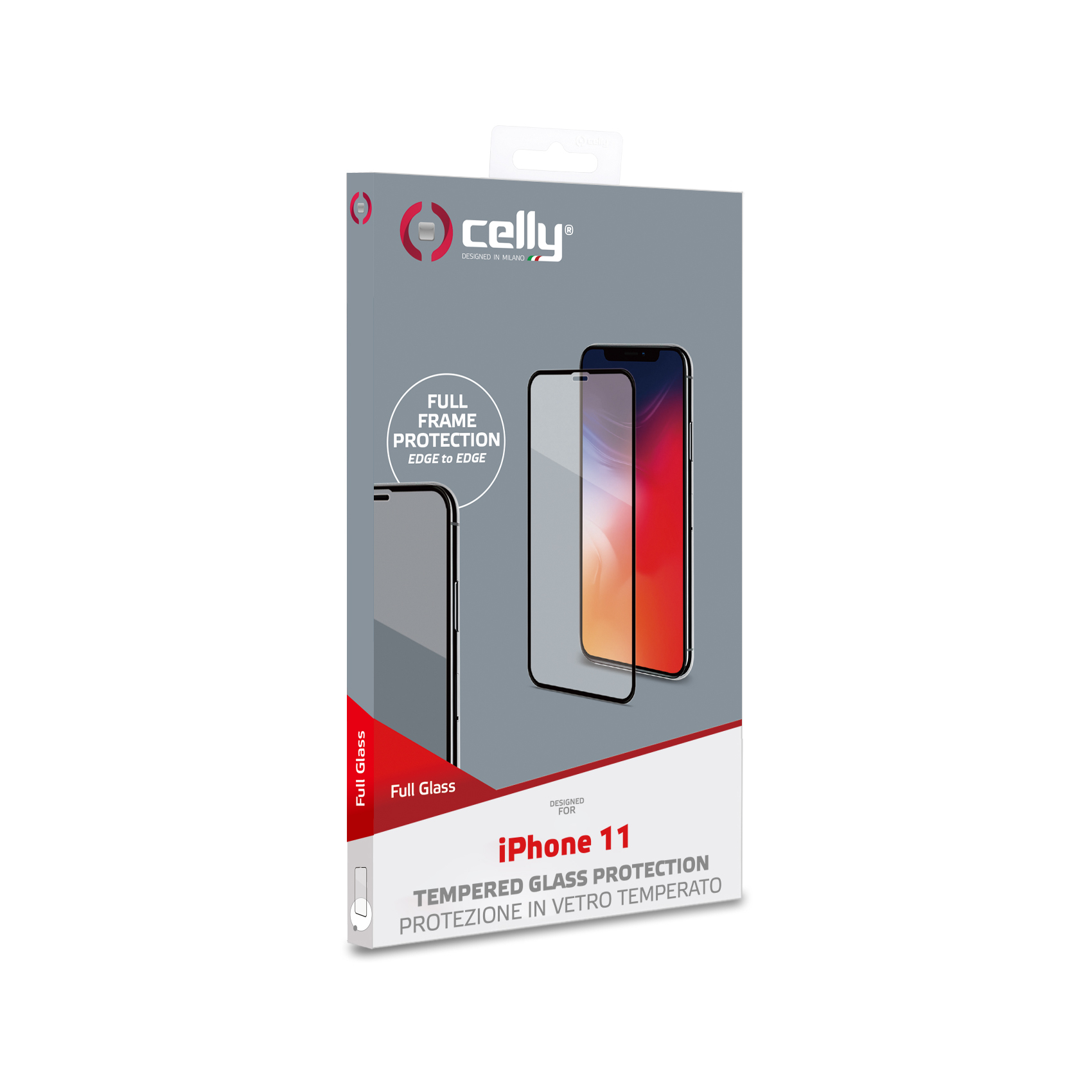 Confezione del proteggi schermo iPhone 11. La scatola è grigia con un'immagine del telefono.