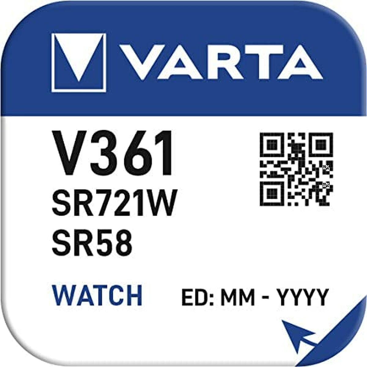 Una confezione di batterie Varta rettangolare con testo e un codice QR. Lo sfondo è blu.