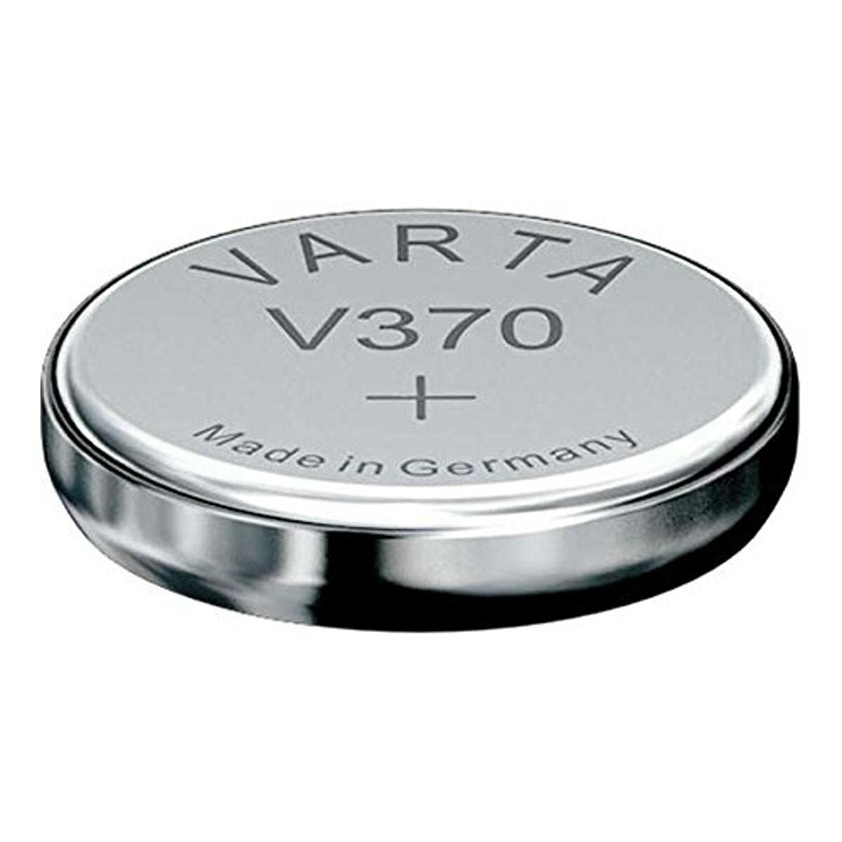Zilveren Varta V370 batterij. Rond en metaal, met logo en plus teken erbovenop.