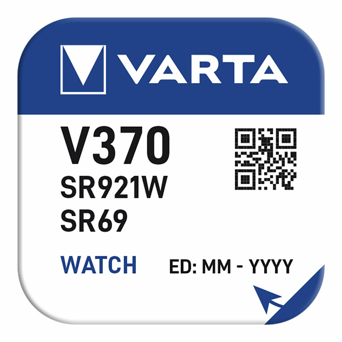 Een Varta batterijlabel met V370, SR921W, SR69 en WATCH, ED: MM-YYYY details.