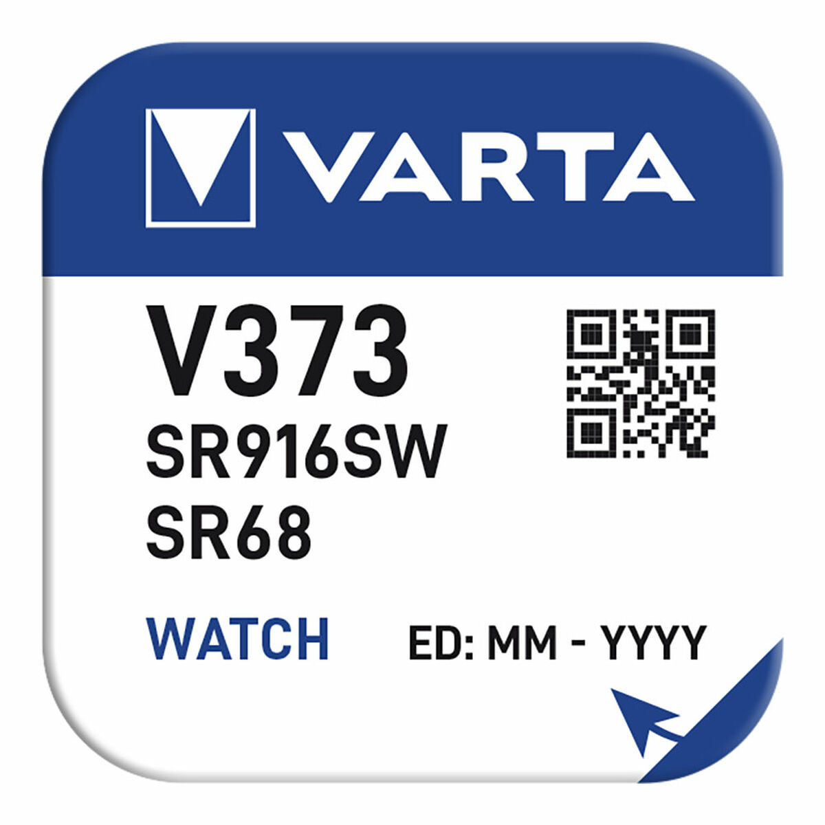 VARTA battery label with white text on a blue background. It has the battery type and QR code.