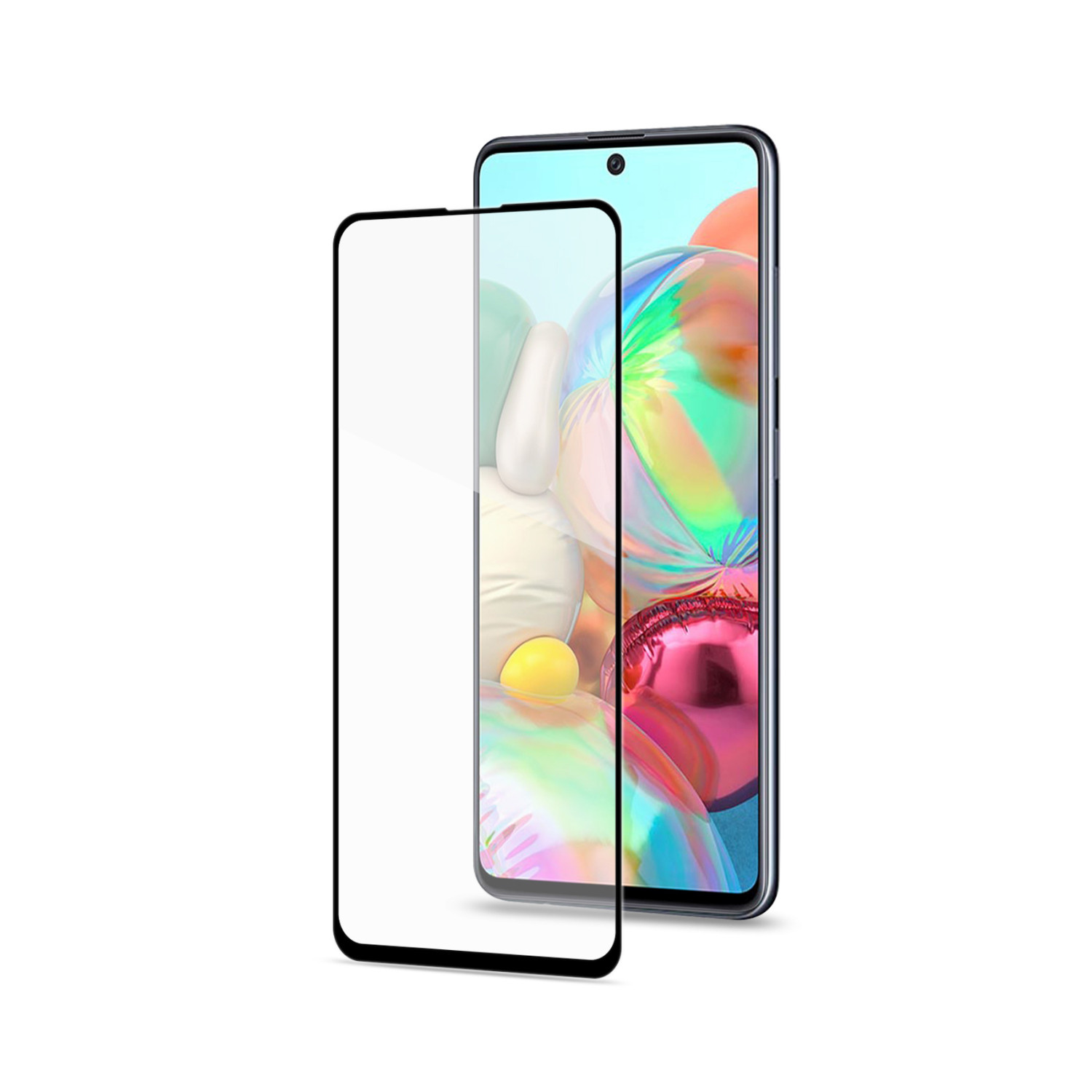Un telefono cellulare con una protezione schermo accanto, mostra uno sfondo colorato.