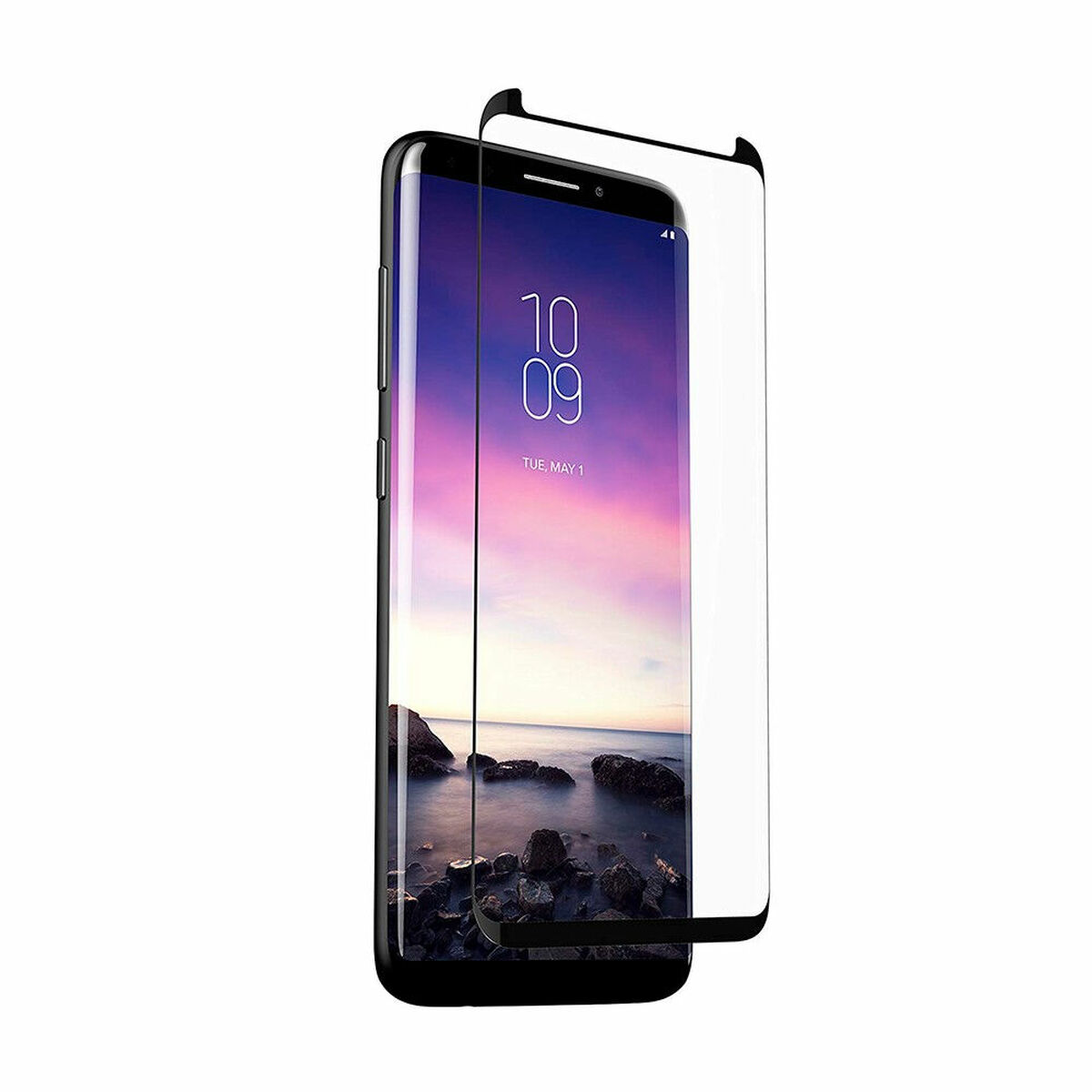 Un telefono con una protezione per lo schermo applicata. Lo schermo mostra un'immagine colorata e il telefono è nero.