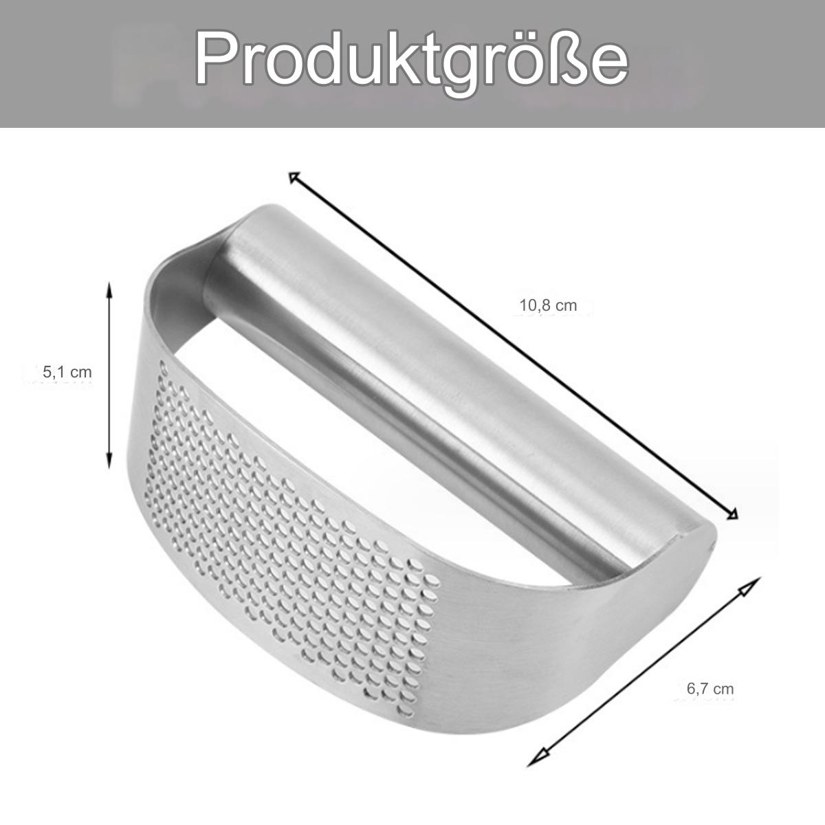 Silberne Knoblauchpresse mit Maßangaben auf dem Bild.