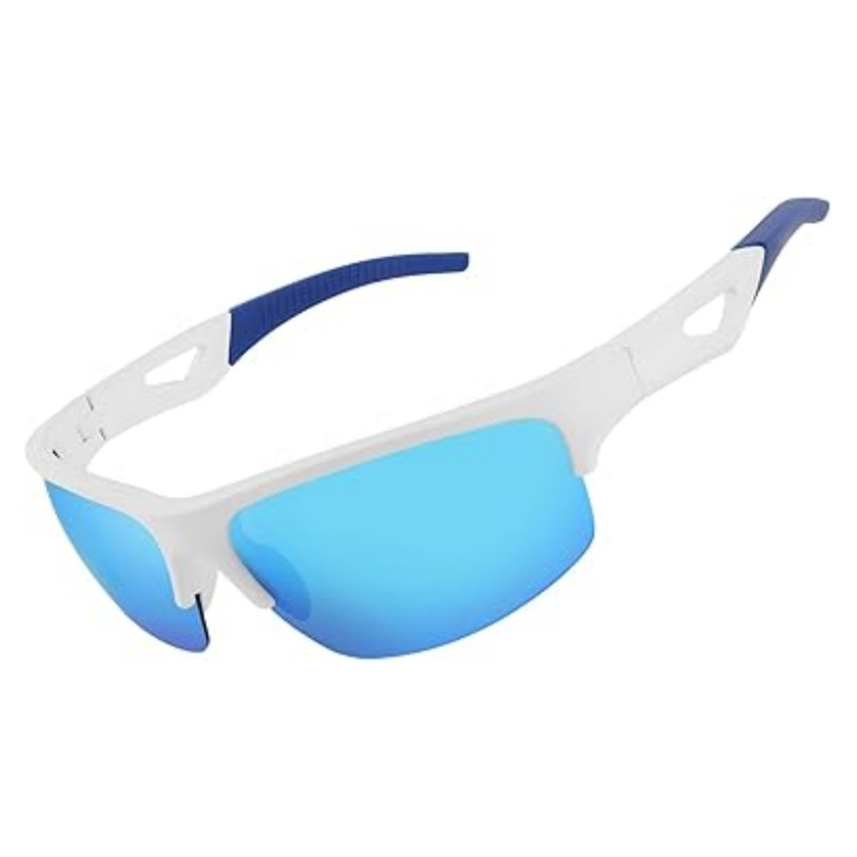Weiß-blaue Sportsonnenbrille mit blauen Gläsern.