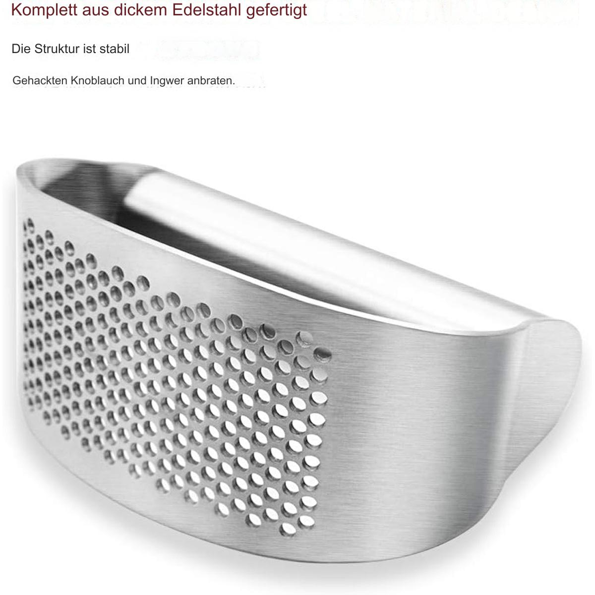 Knoblauchpresse aus Edelstahl mit vielen Löchern. Text oben auf Deutsch.