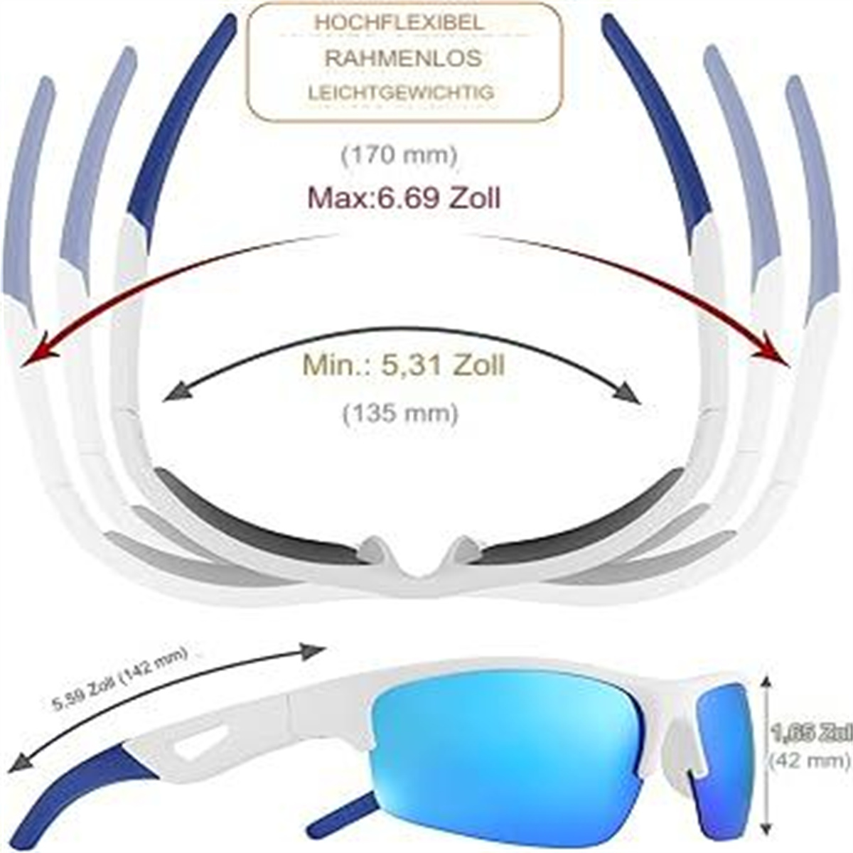 Weiße und blaue Sportsonnenbrille, mit Abmessungen und Flexibilitätsdiagrammen, weißer Hintergrund.