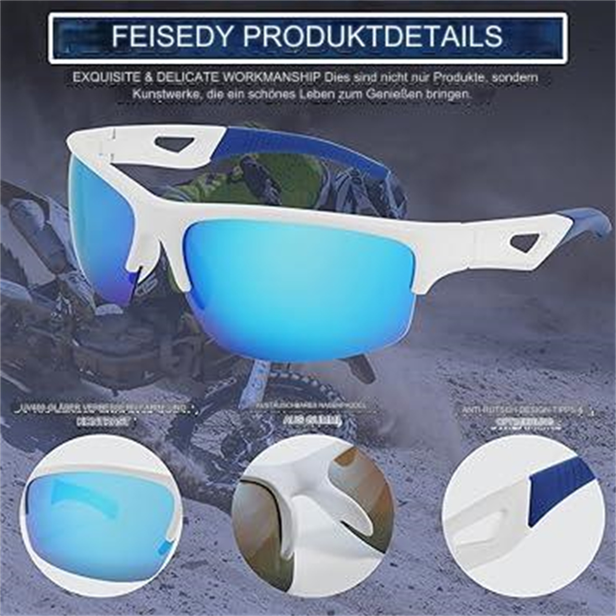 Weiße Sonnenbrille mit blauen Gläsern und drei Detailaufnahmen. Text auf Deutsch.