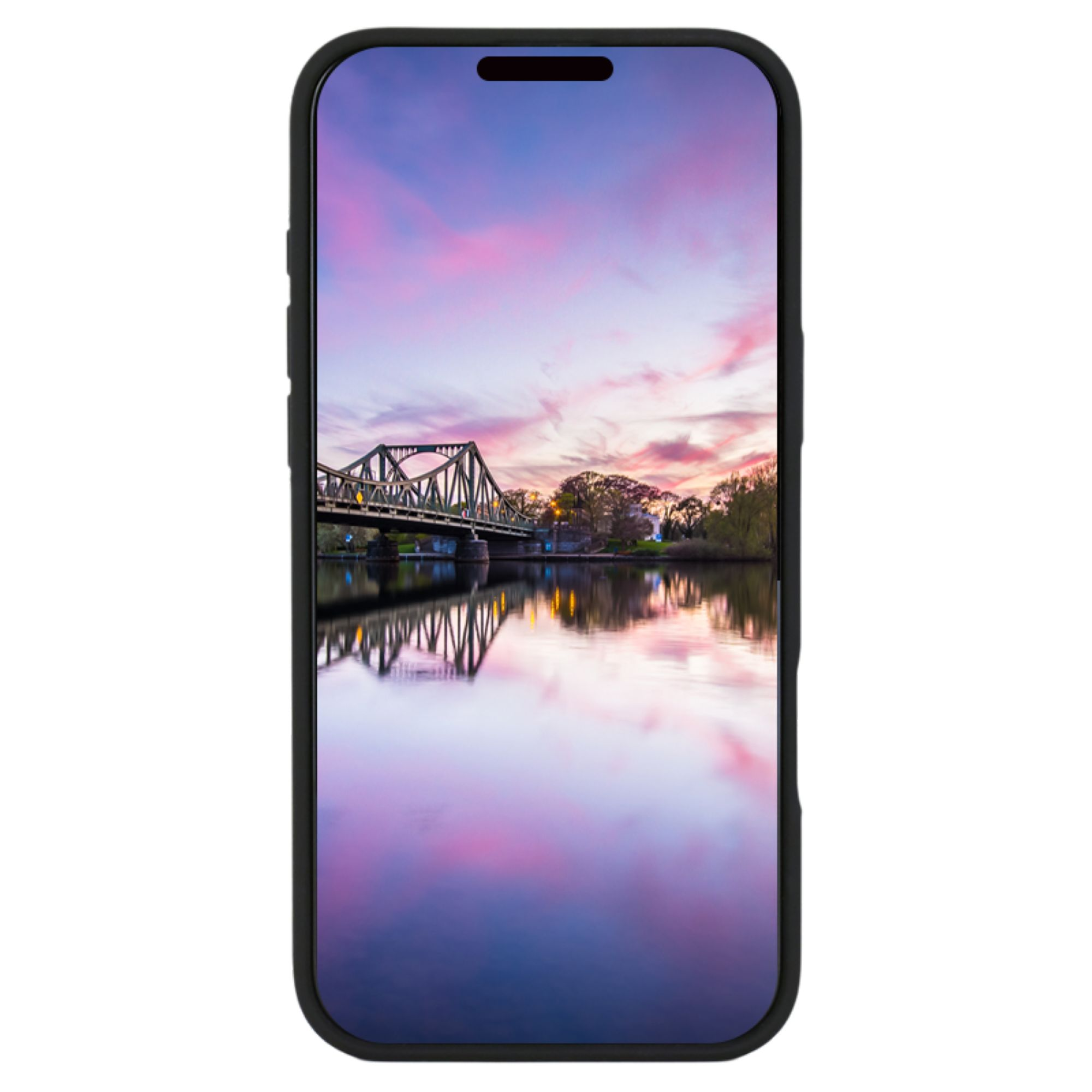 Smartphone avec une scène de pont affichée à l'écran. Le téléphone est dans un étui noir.