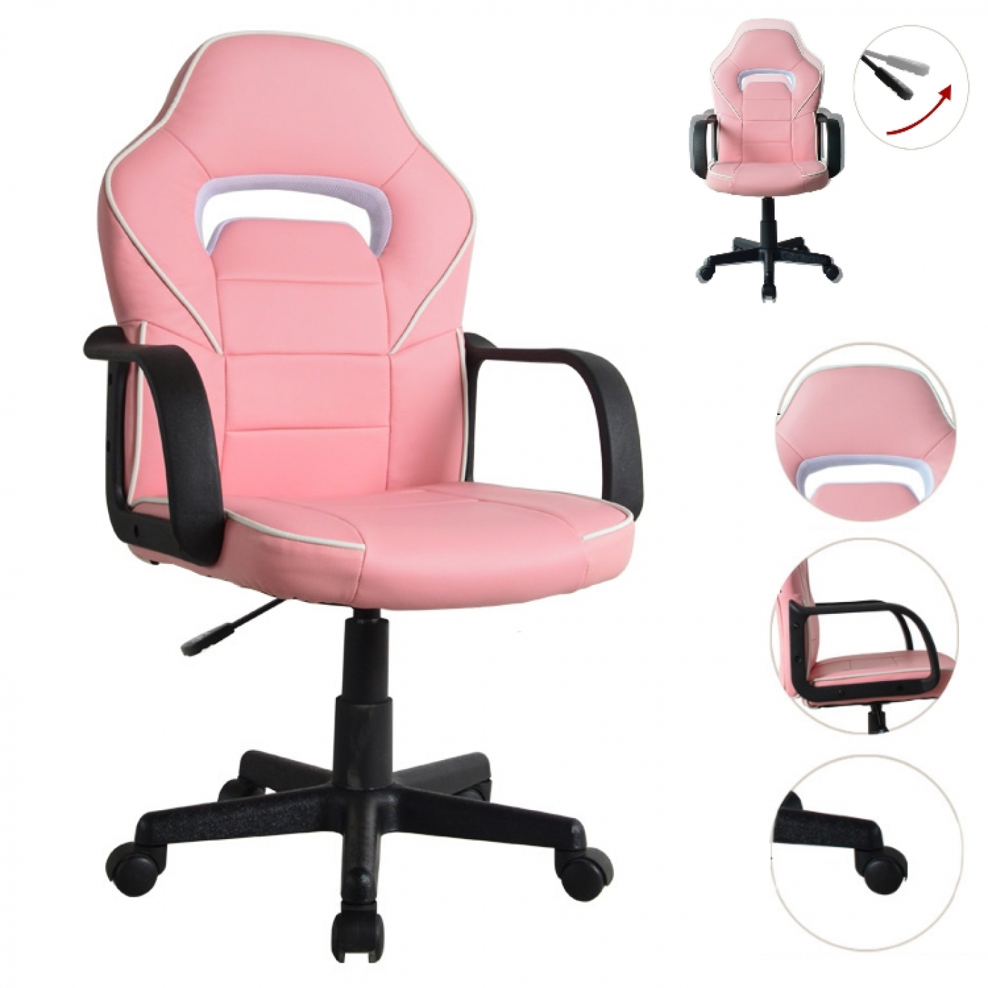 Roze gaming stoel met zwarte accenten, meerdere aanzichten.