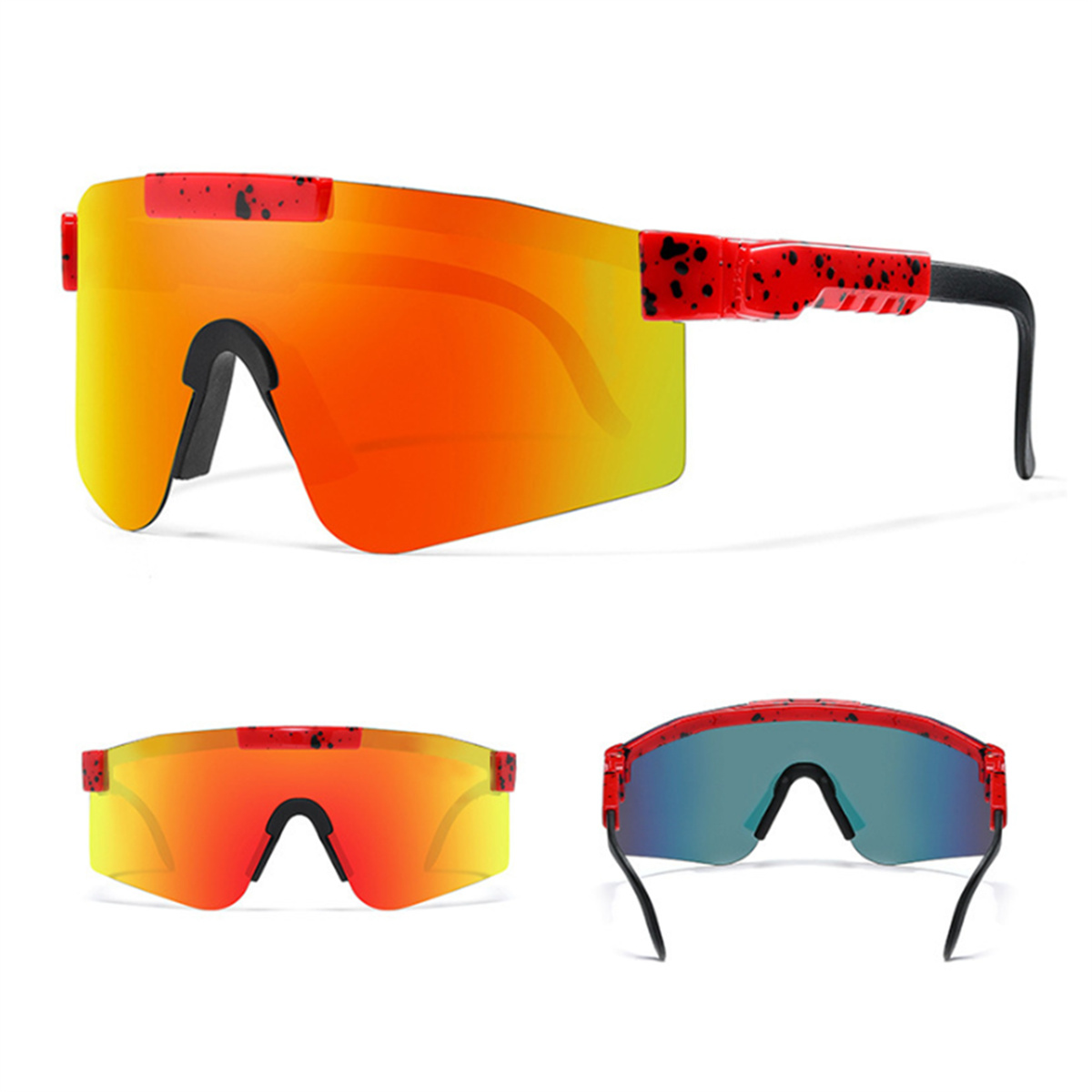 Rote Sonnenbrille mit roten und schwarzen Details. Drei verschiedene Ansichten sind gezeigt.