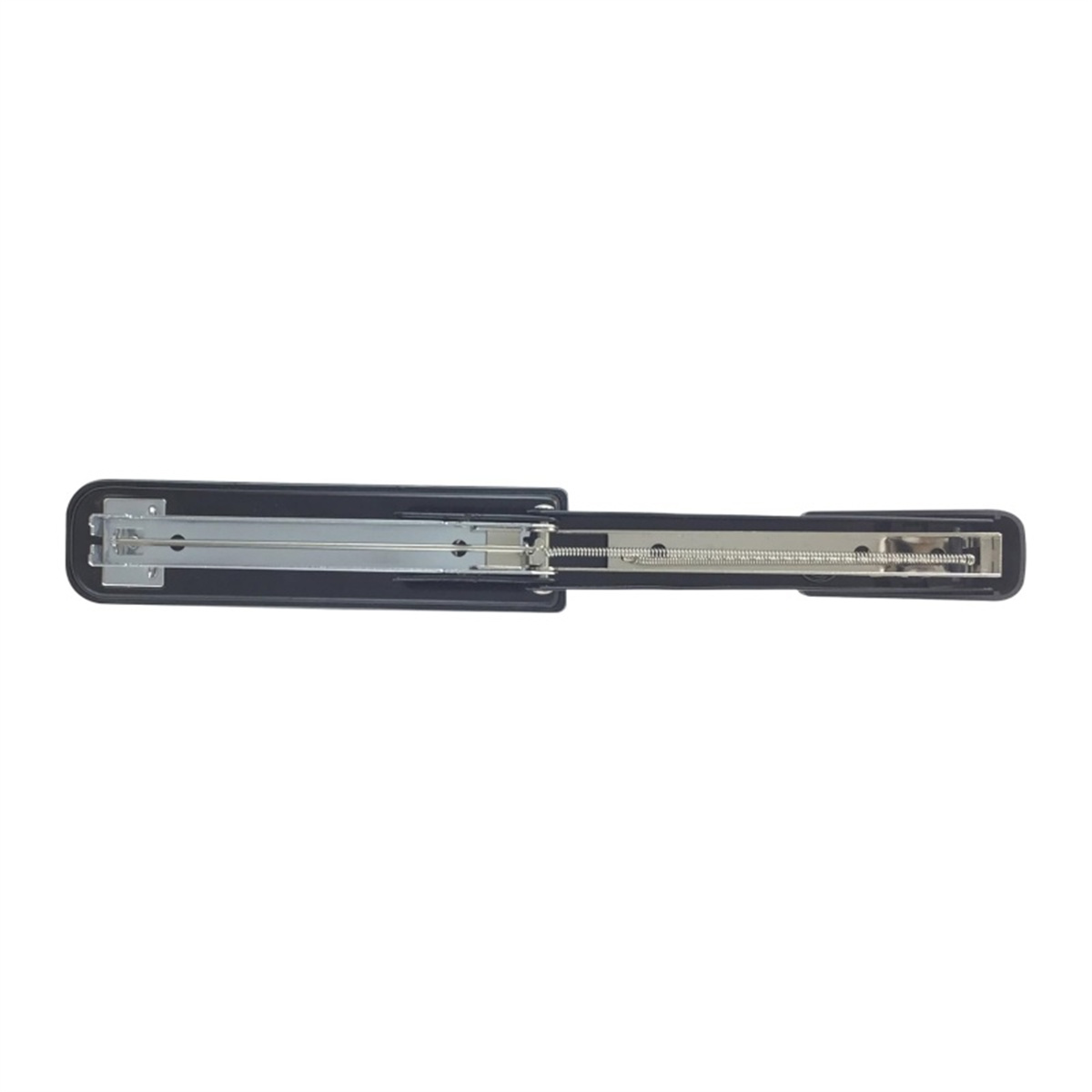 Schwarzer Tacker, offen, silberne Metallteile. Weißer Hintergrund.